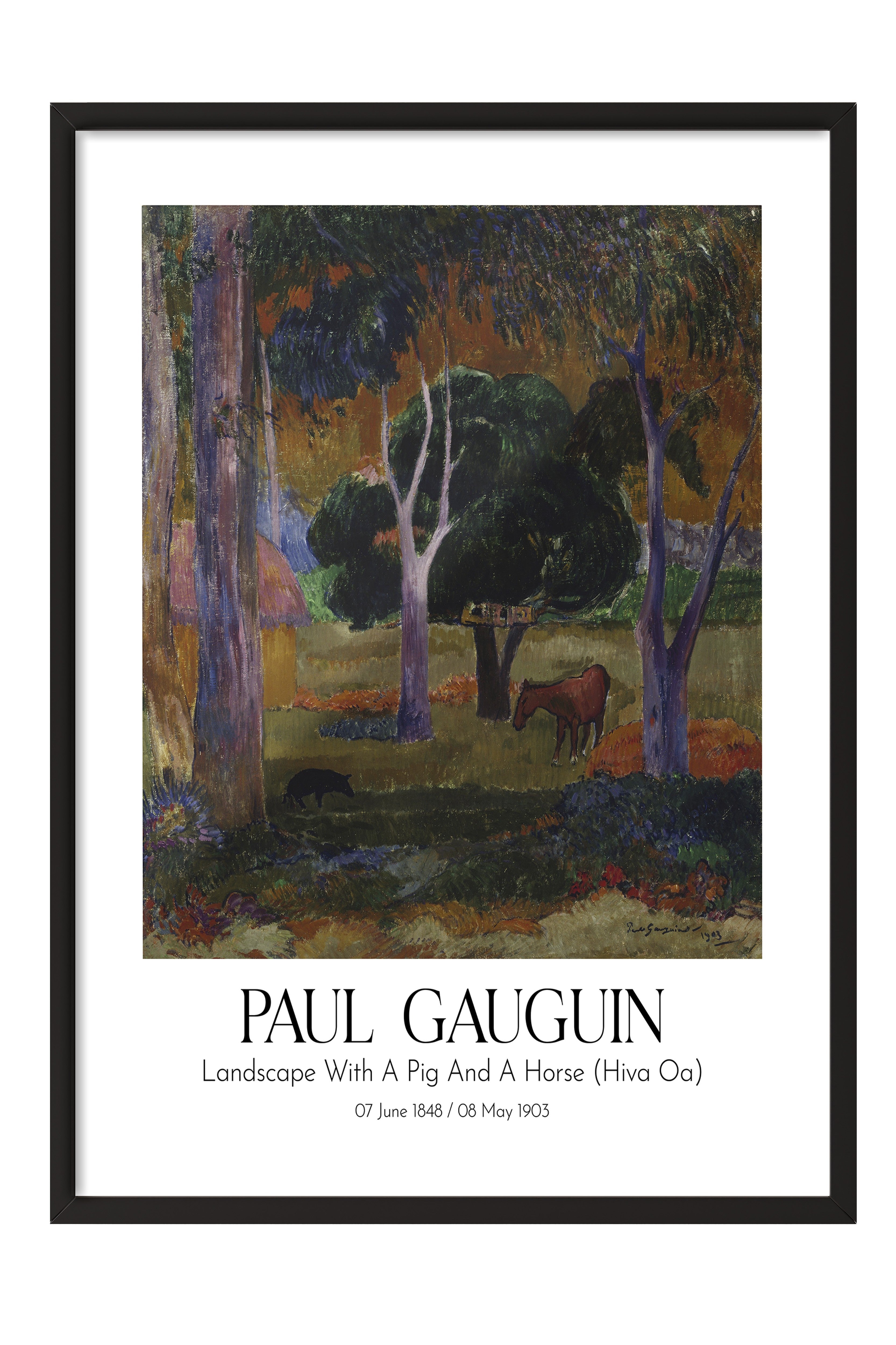 Paul Gauguin - Landscape With A Pig And A Horse (Hiva Oa), Siyah Çerçeveli Tablo, Sanat Serisi NO:110550