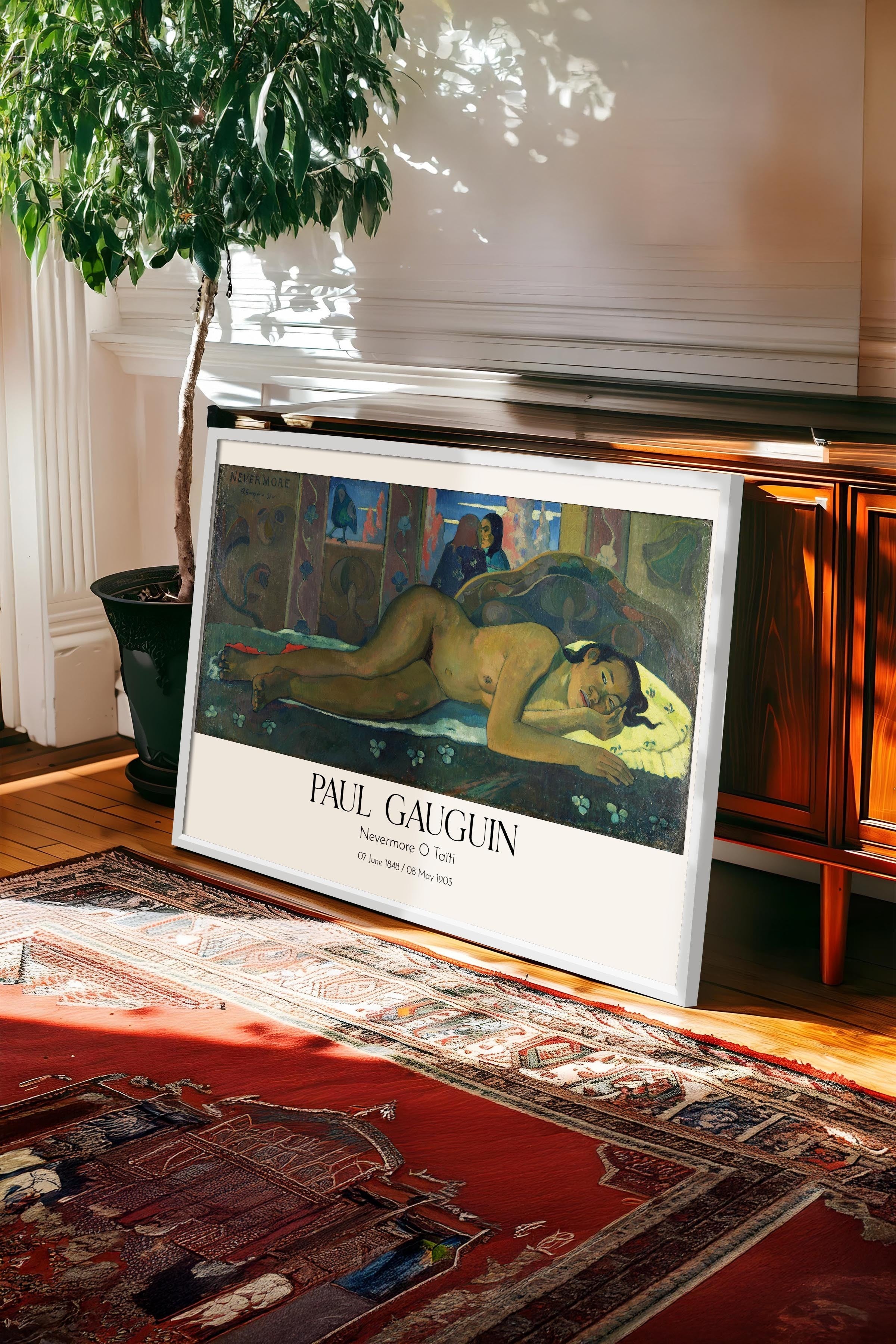Paul Gauguin - Nevermore O Taïti, Beyaz Çerçeveli Tablo, Sanat Serisi NO:110586
