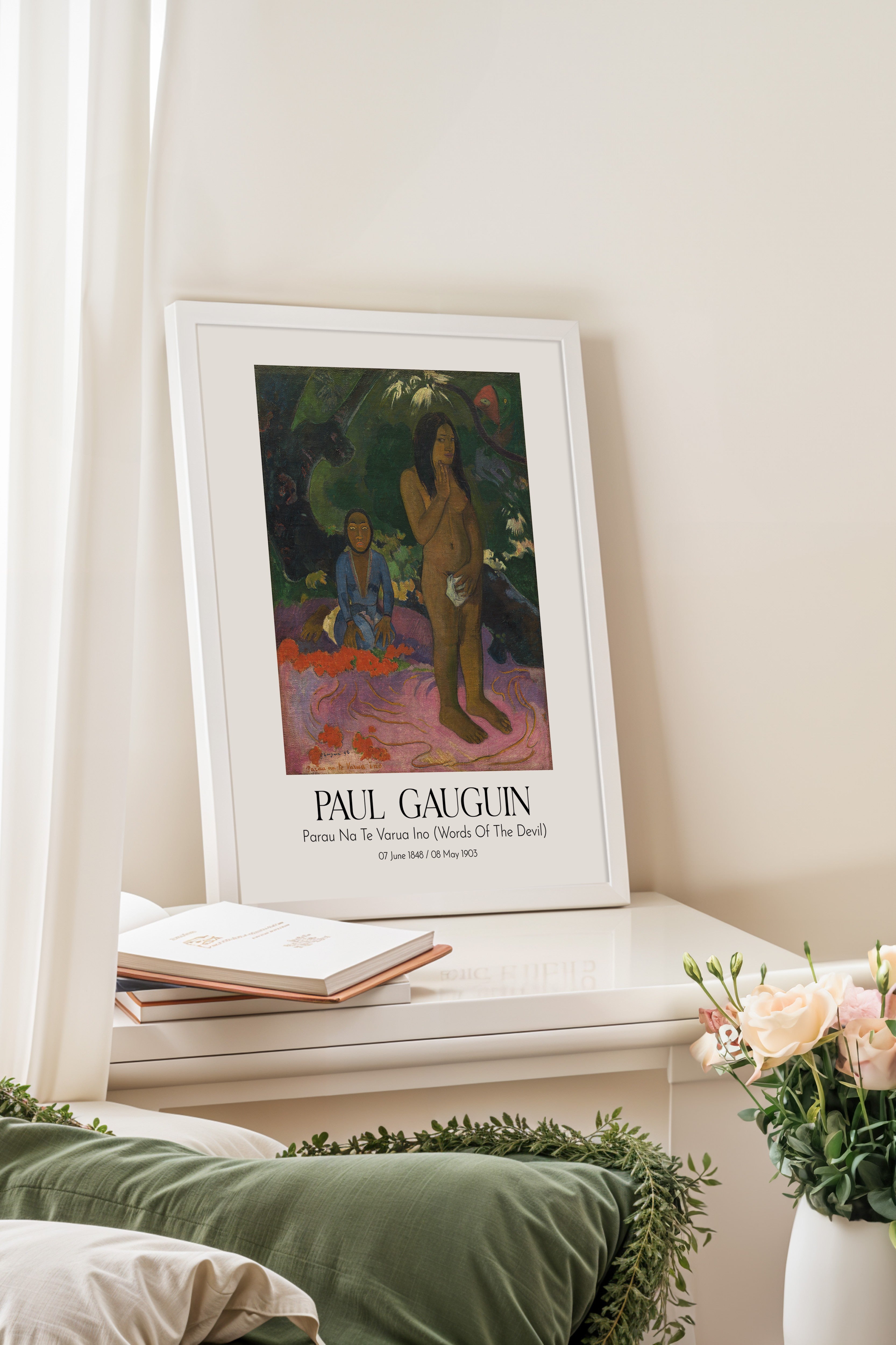 Paul Gauguin - Parau Na Te Varua Ino (Words Of The Devil), Beyaz Çerçeveli Tablo, Sanat Serisi NO:110553
