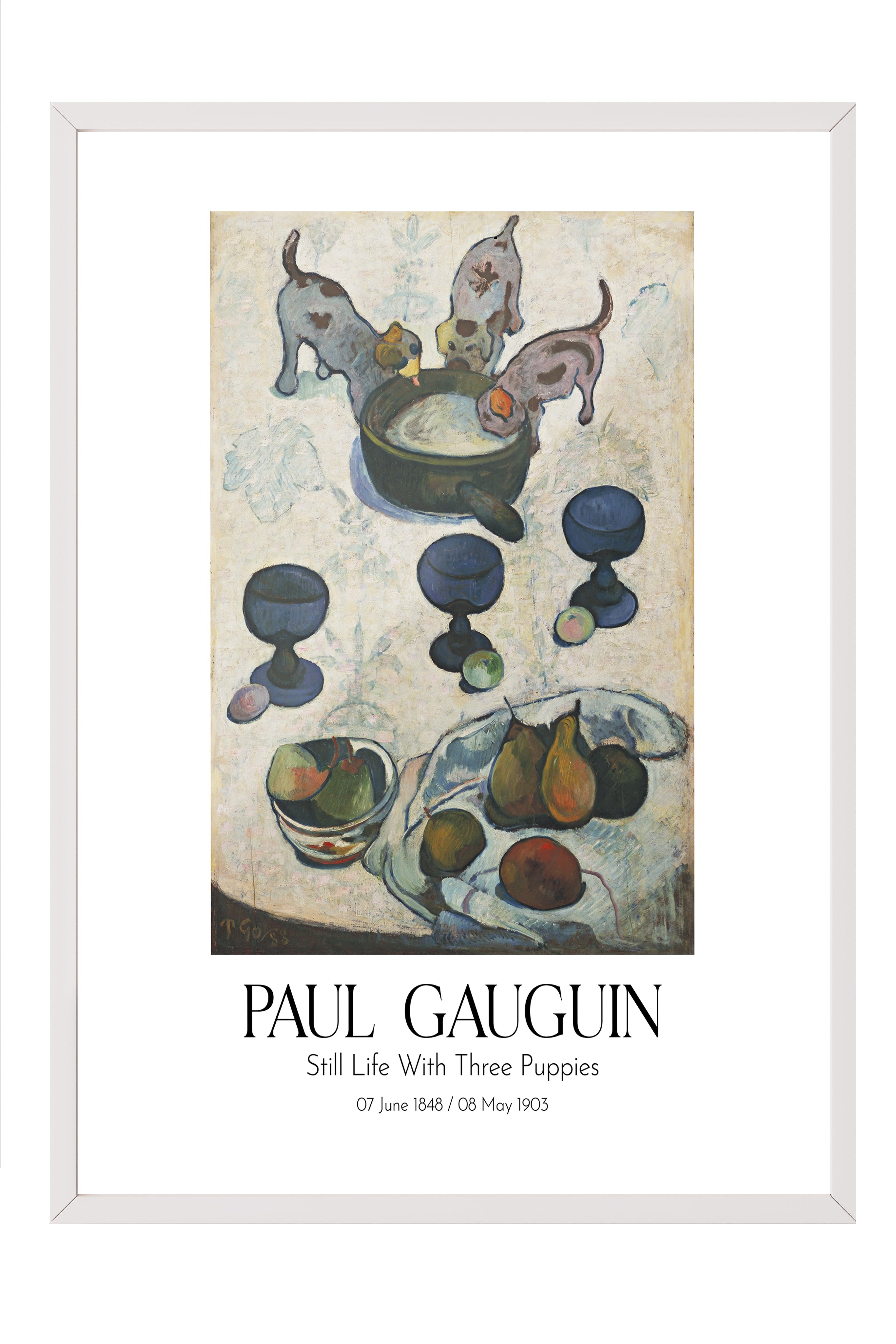 Paul Gauguin - Still Life With Three Puppies, Beyaz Çerçeveli Tablo, Sanat Serisi NO:110559