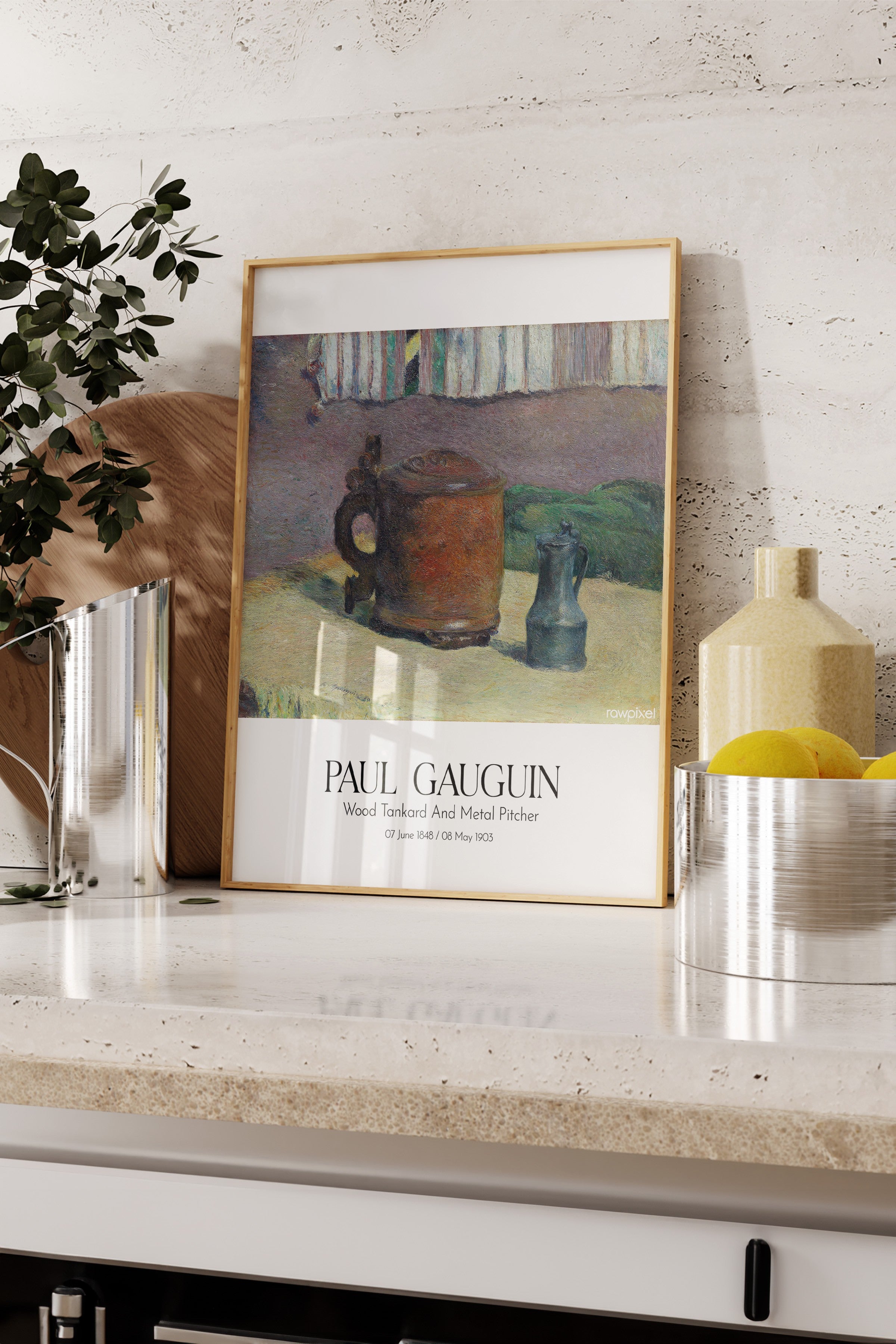 Paul Gauguin - Wood Tankard And Metal Pitcher, Ahşap Çerçeveli Tablo, Sanat Serisi NO:110554