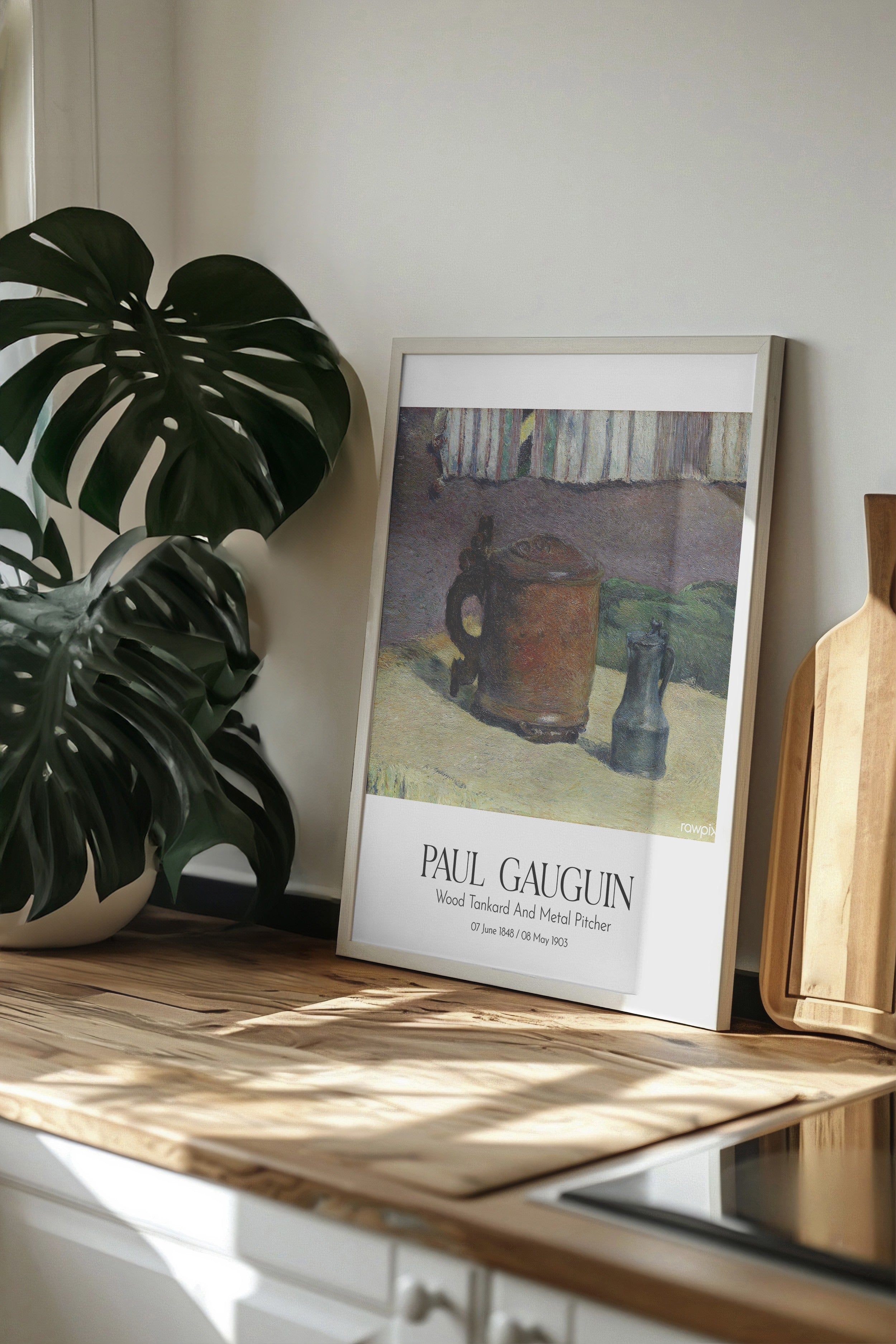Paul Gauguin - Wood Tankard And Metal Pitcher, Beyaz Çerçeveli Tablo, Sanat Serisi NO:110554