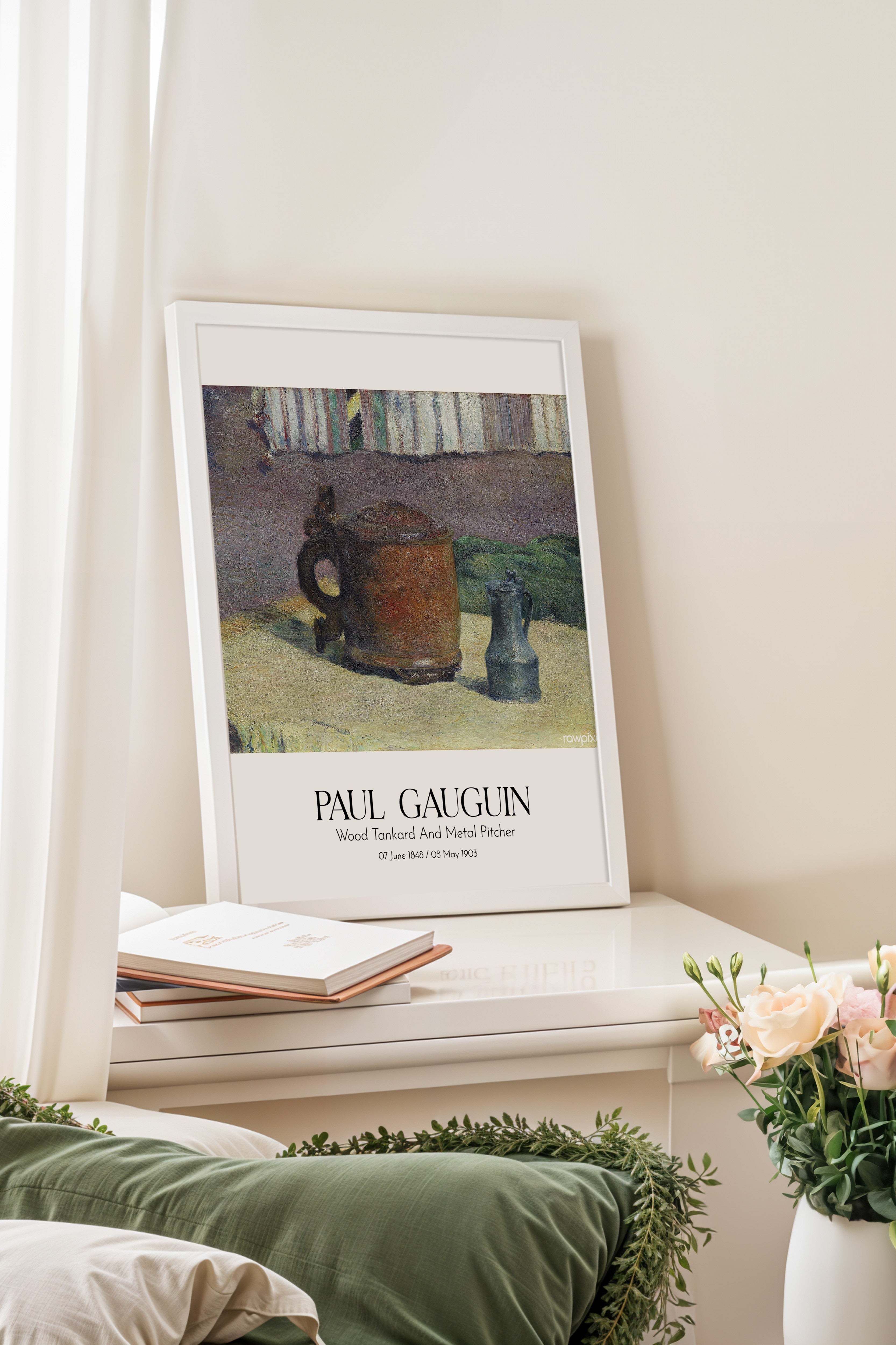 Paul Gauguin - Wood Tankard And Metal Pitcher, Beyaz Çerçeveli Tablo, Sanat Serisi NO:110554