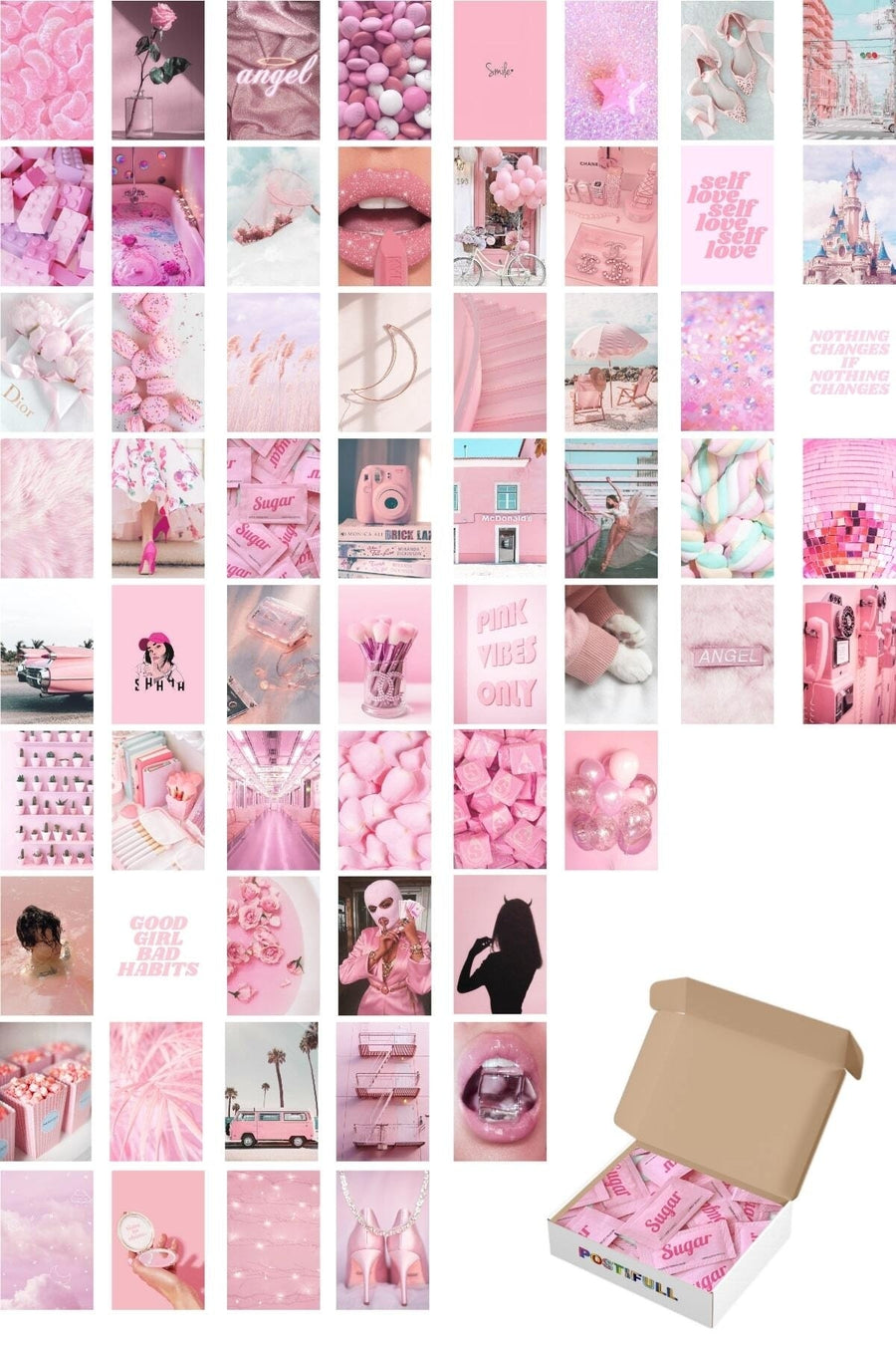 Pembe Duvar Posteri Kolaj Set - 50 Adet Arkası Yapışkanlı Pembe Poster Seti - 10cm*15cm, Kutulu Set