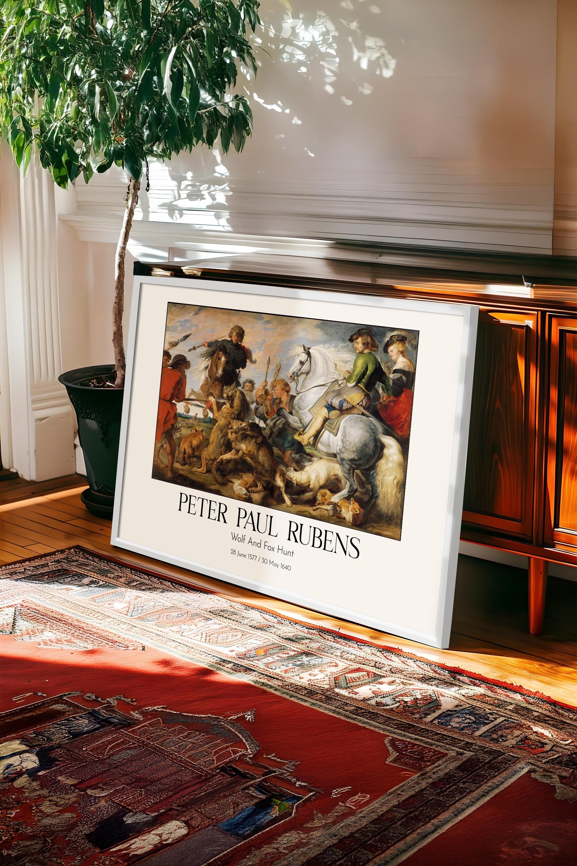 Peter Paul Rubens - Wolf And Fox Hunt, Beyaz Çerçeveli Tablo, Sanat Serisi NO:112355