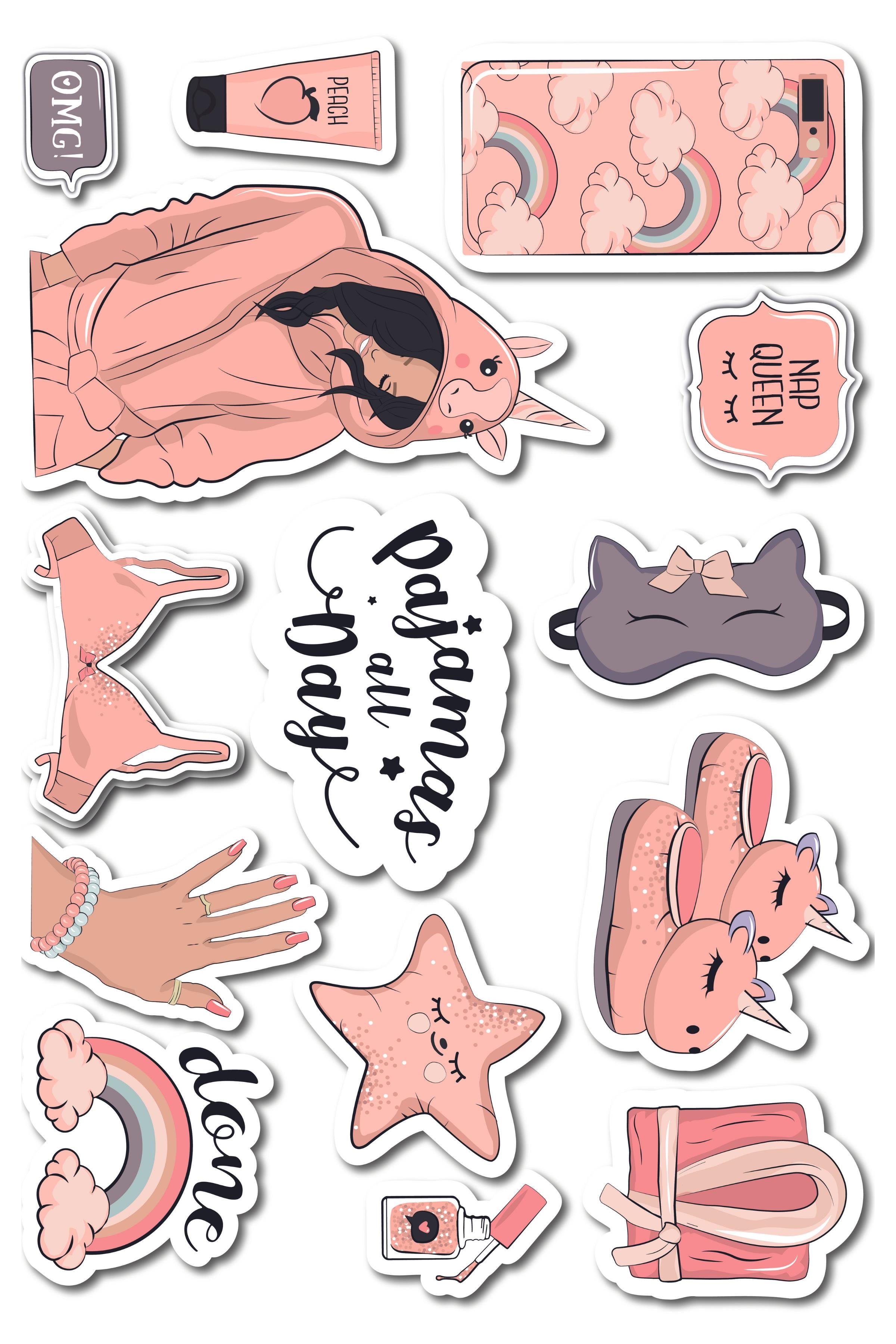 Pijama Partisi Temalı Sticker ve Etiket Seti - Orta Boy - Su Geçirmez, Kalın Yapışkanlı Sticker Seti