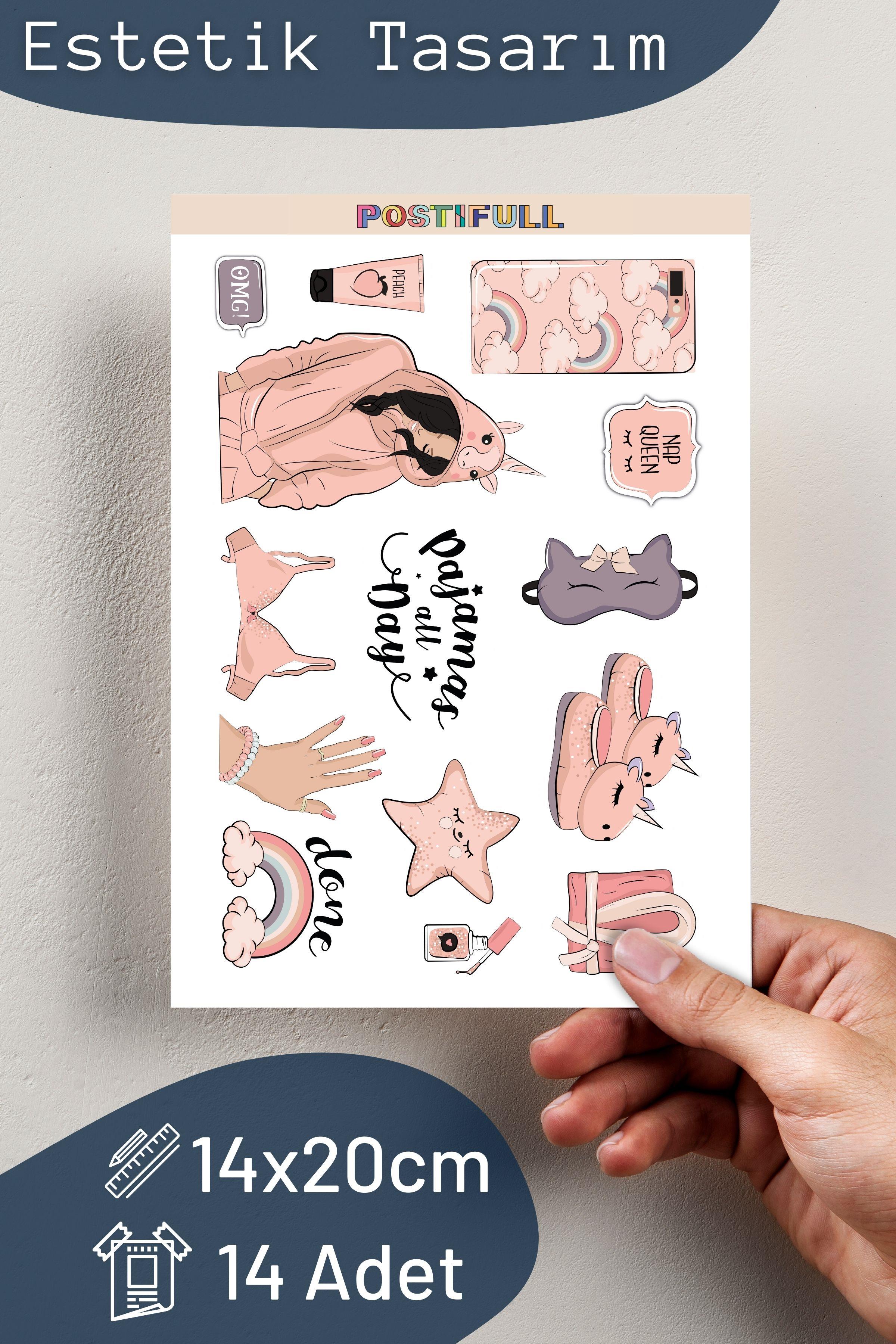 Pijama Partisi Temalı Sticker ve Etiket Seti - Orta Boy - Su Geçirmez, Kalın Yapışkanlı Sticker Seti
