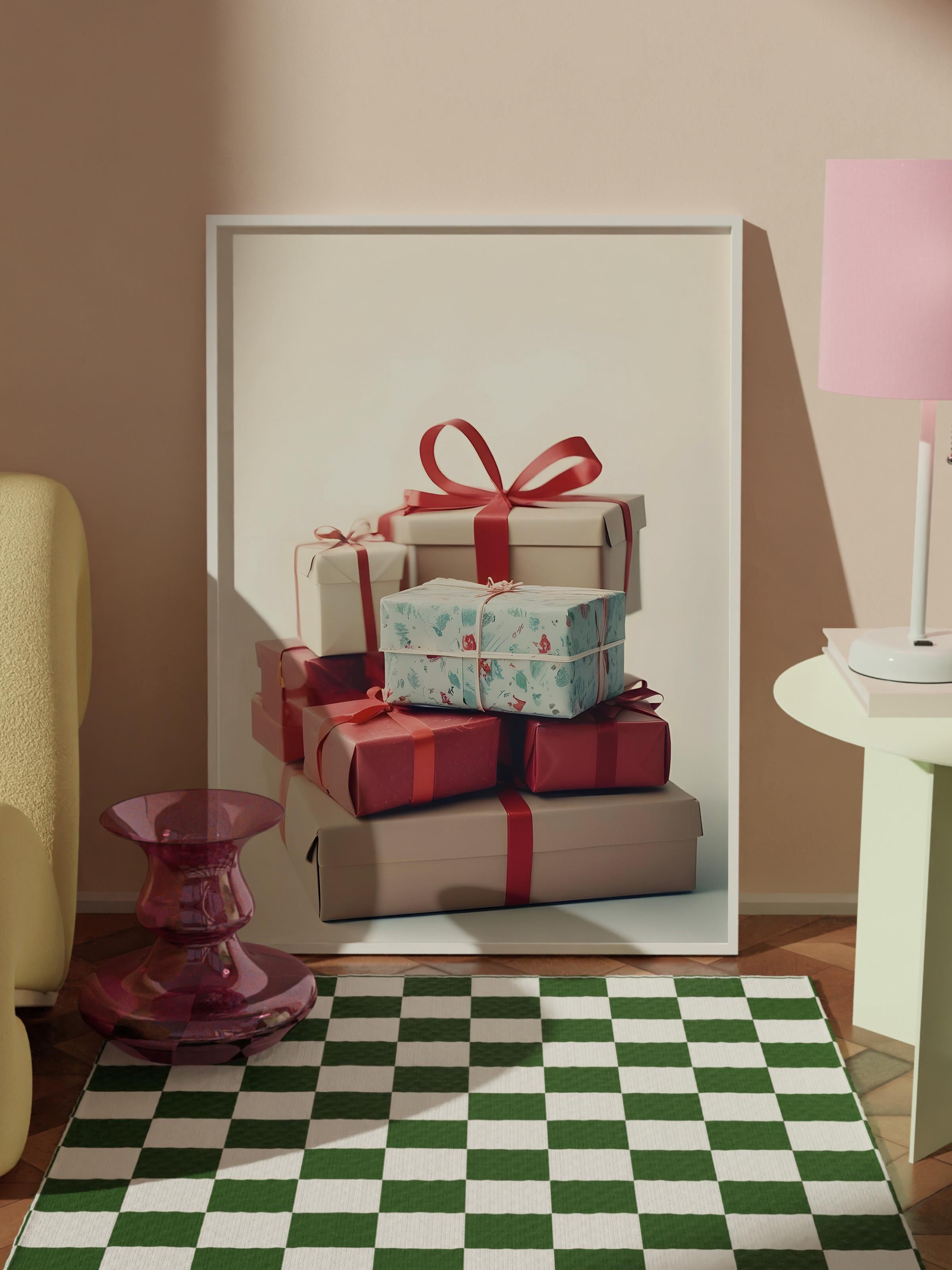 Pile of Presents Yılbaşı Tablo, Beyaz Çerçeve ve Poster, Duvar Tablosu Comfort Serisi NO:108476