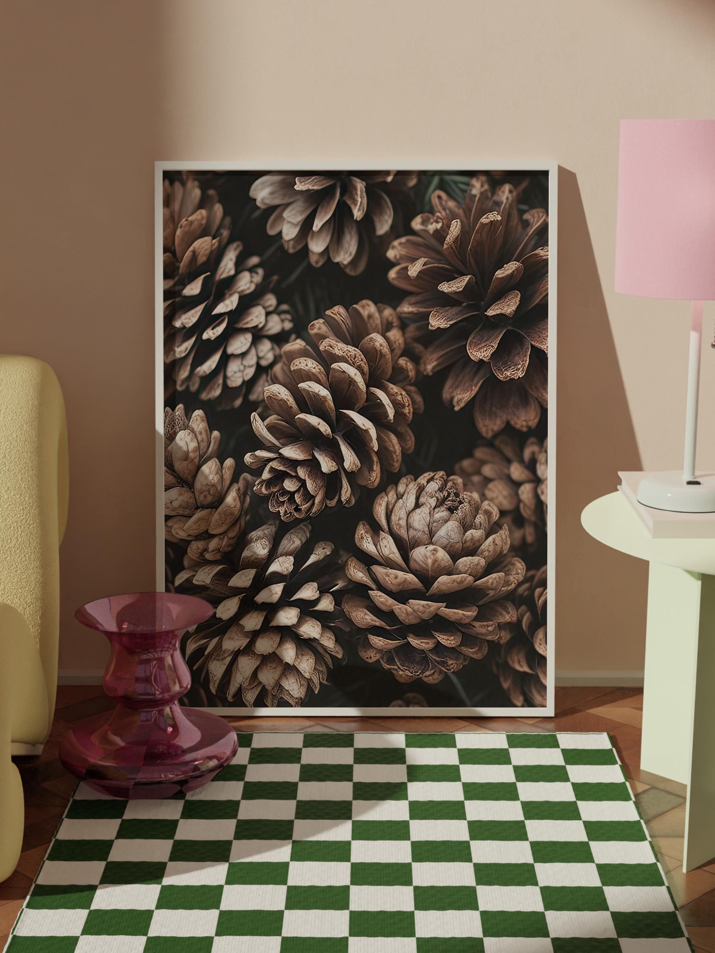 Pine Cones Çerçeveli Tablo, Beyaz Çerçeve ve Poster, Dikey Duvar Tablosu Comfort Serisi NO:108341
