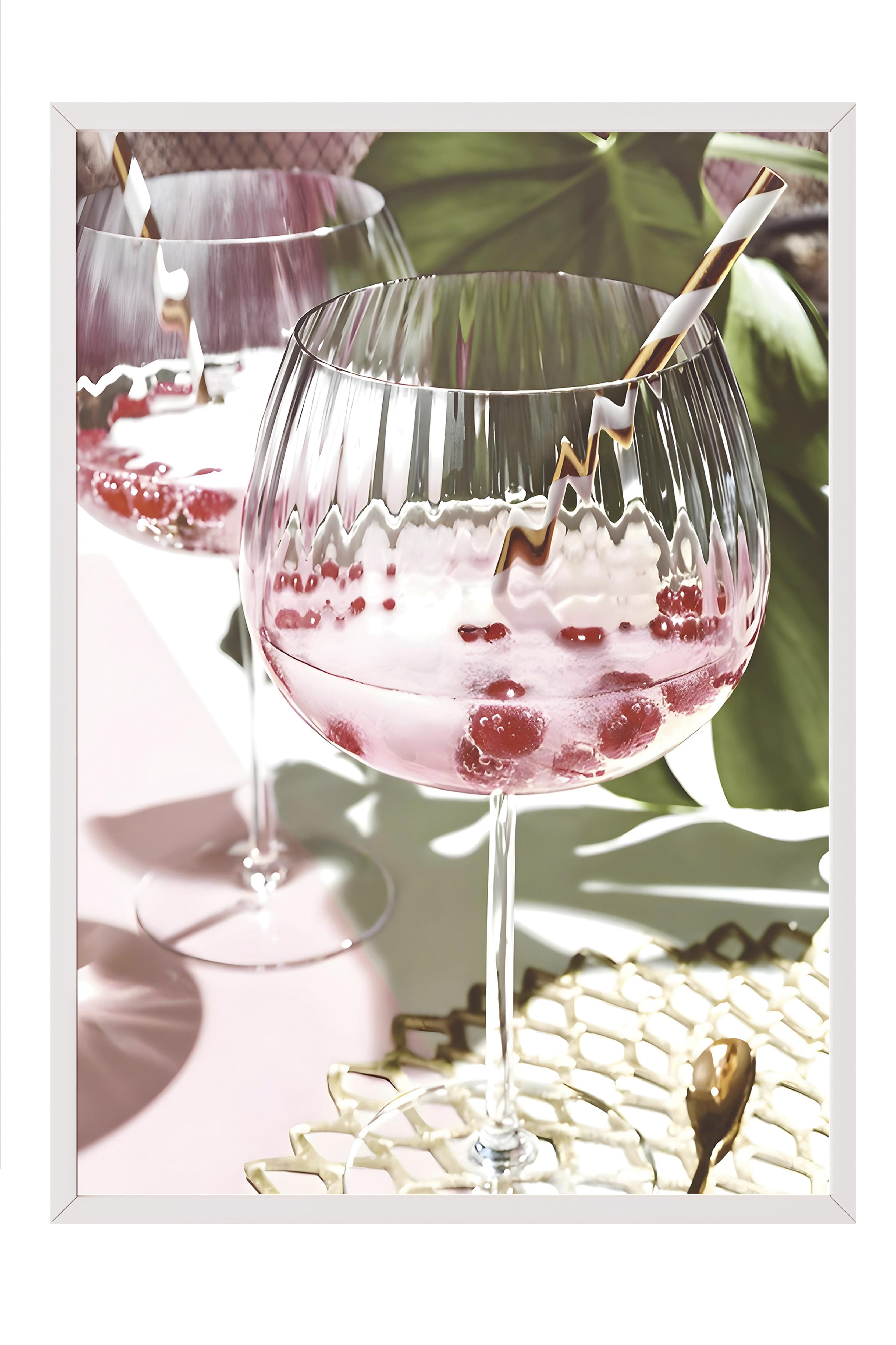 Pink Drink Çerçeveli Tablo, Beyaz Çerçeve ve Poster, Dikey Duvar Tablosu Comfort Serisi NO:108377