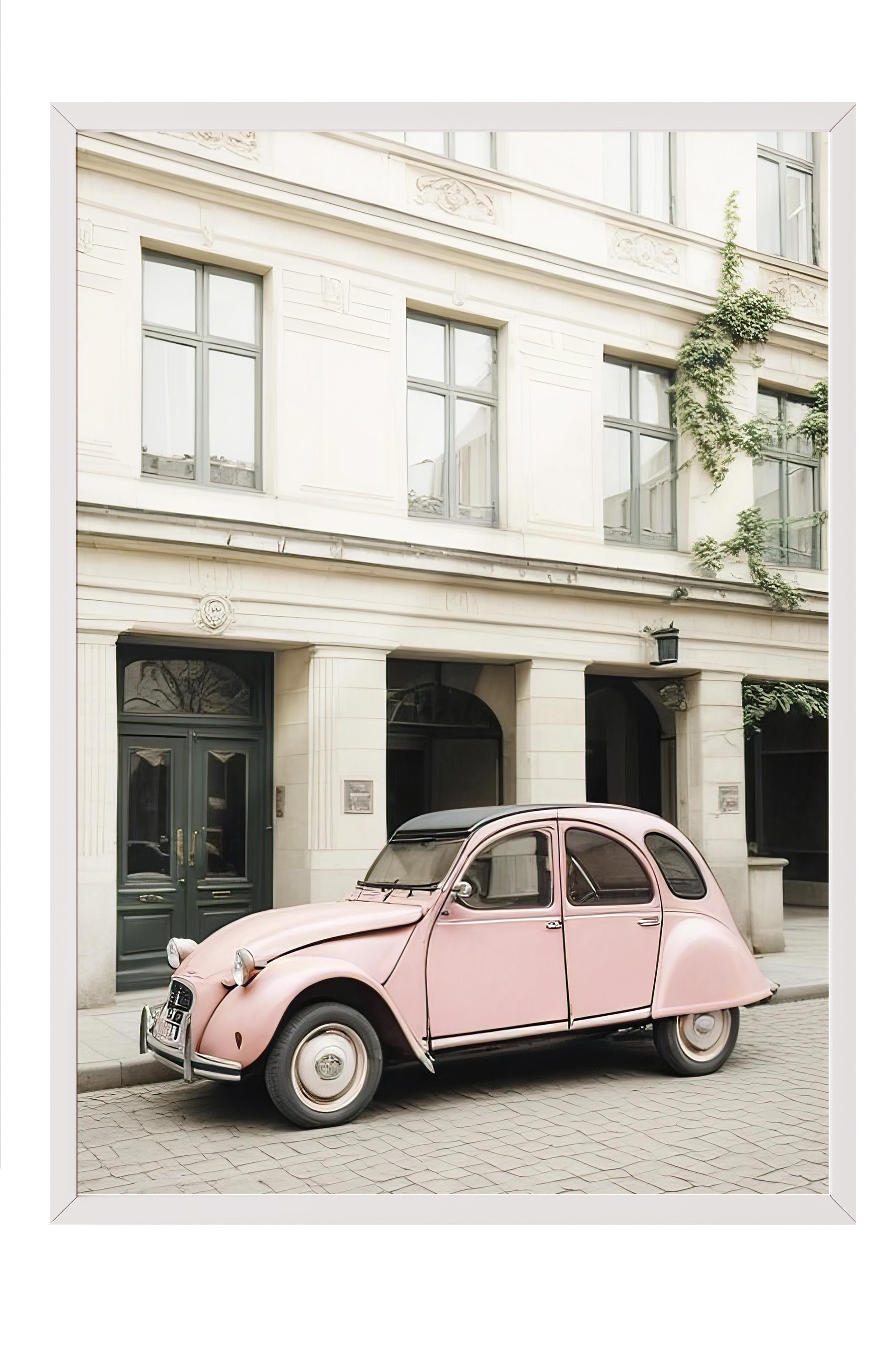 Pink Retro Car Çerçeveli Tablo, Beyaz Çerçeve ve Poster, Duvar Tablosu Comfort Serisi NO:108386