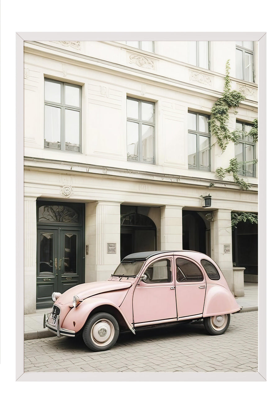 Pastel Sokakta Nostaljik Otomobil Comfort Serisi Poster – Beyaz Çerçeveli Tablo