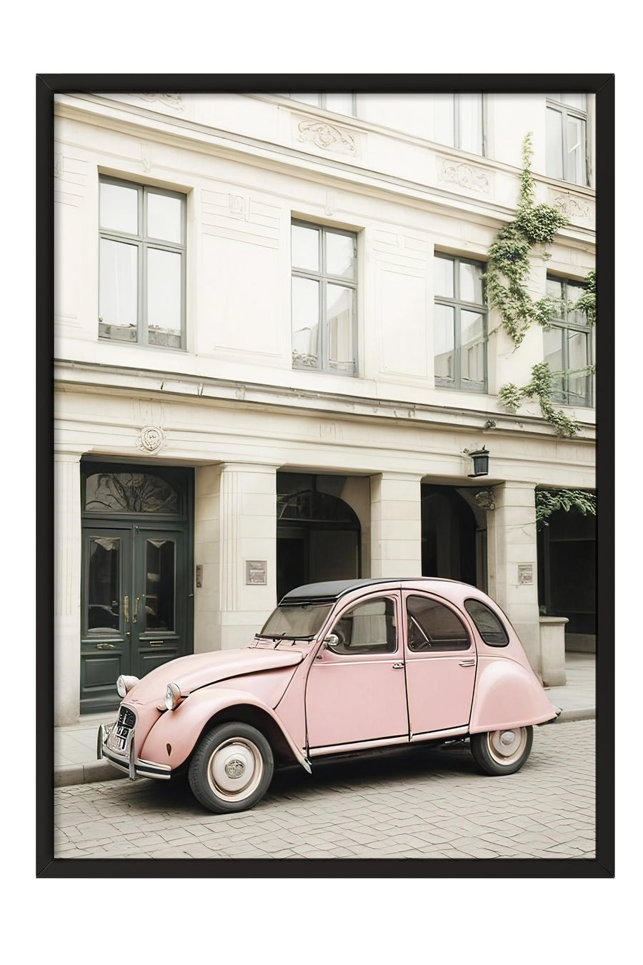 Pastel Sokakta Nostaljik Otomobil Comfort Serisi Poster – Siyah Çerçeveli Tablo
