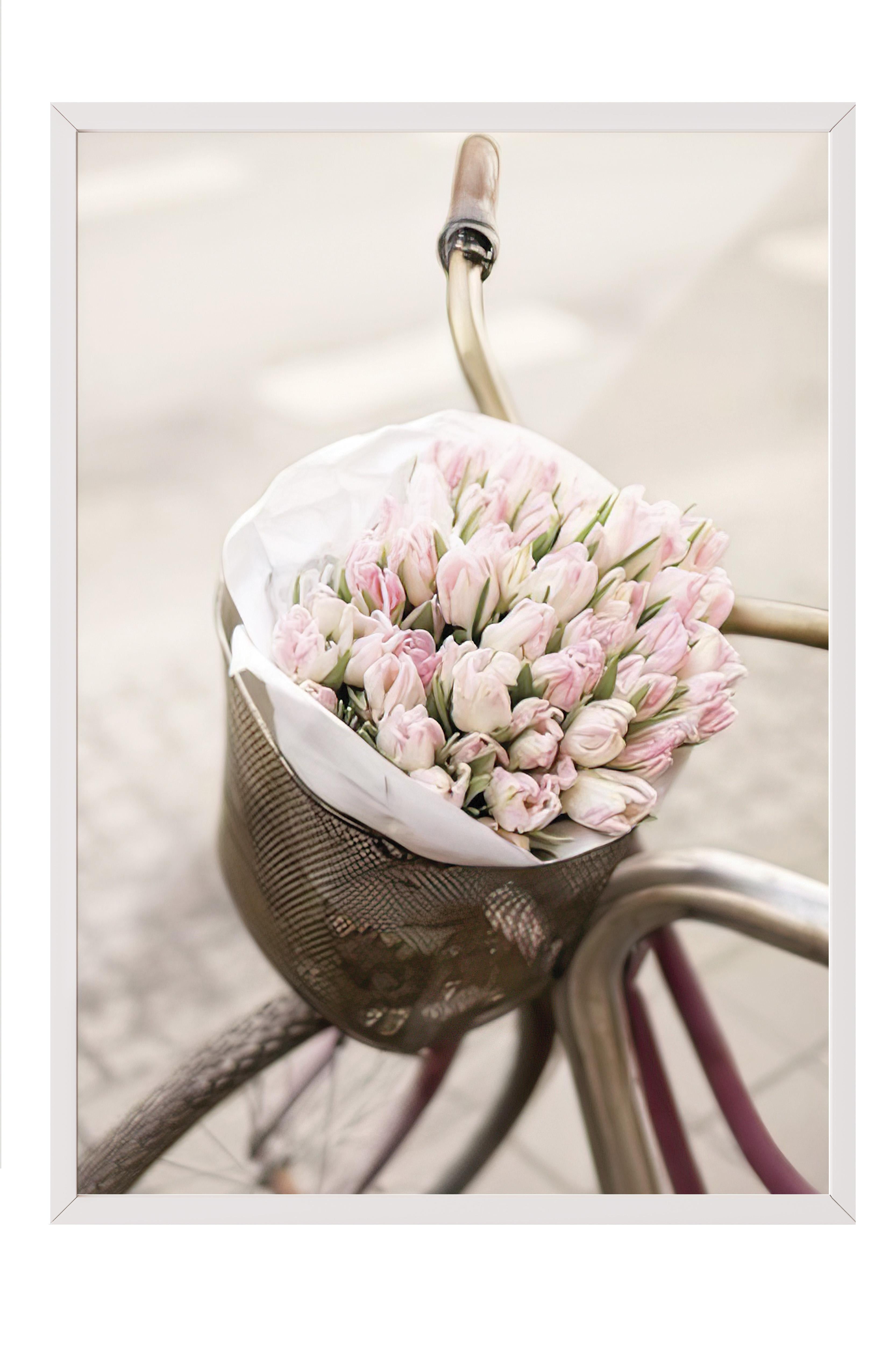 Pink Tulips on Bicycle Beyaz Çerçeveli Tablo, Duvar Tablosu Comfort Serisi NO:108387