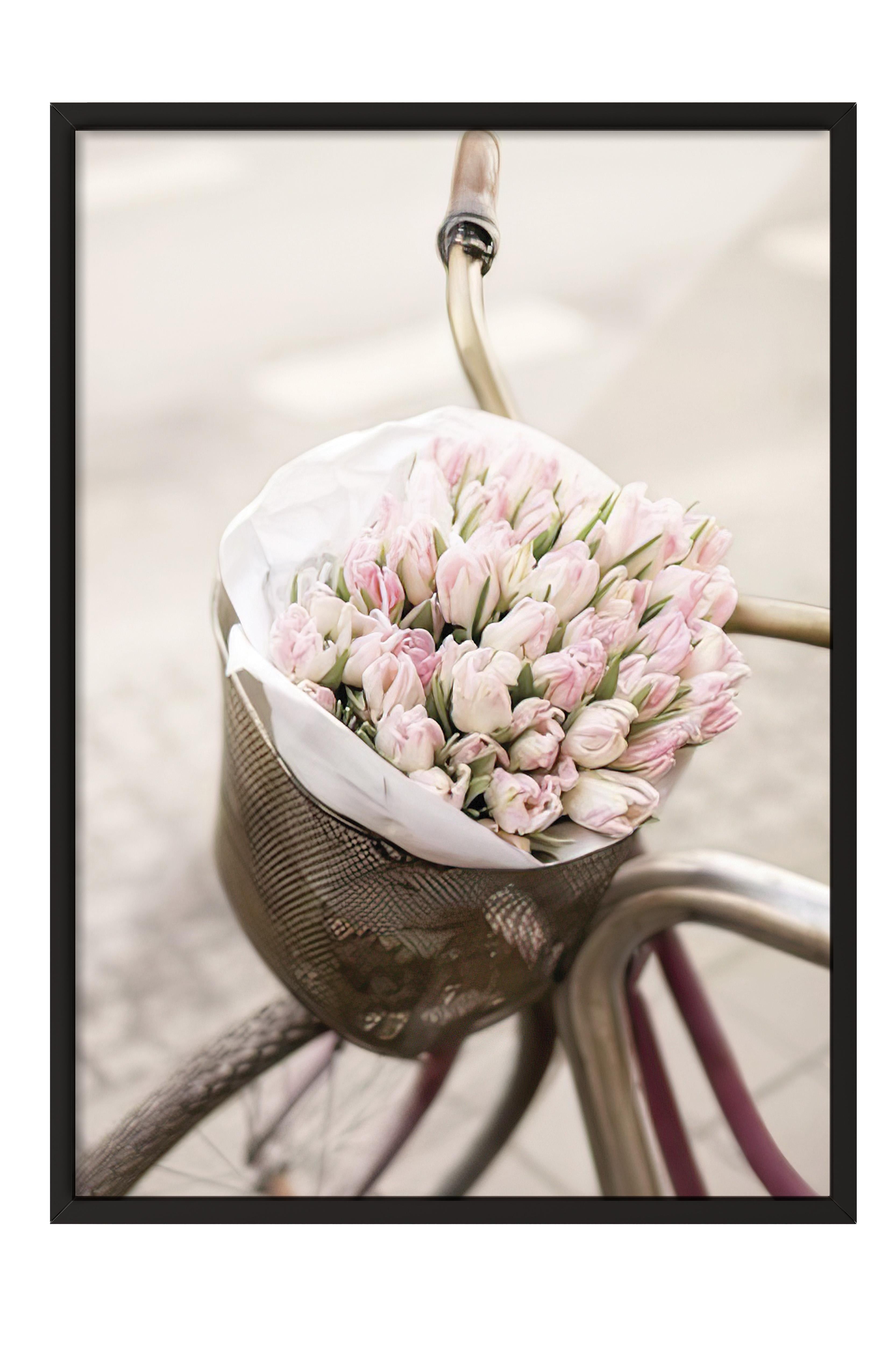 Pink Tulips on Bicycle Siyah Çerçeveli Tablo, Duvar Tablosu Comfort Serisi NO:108387