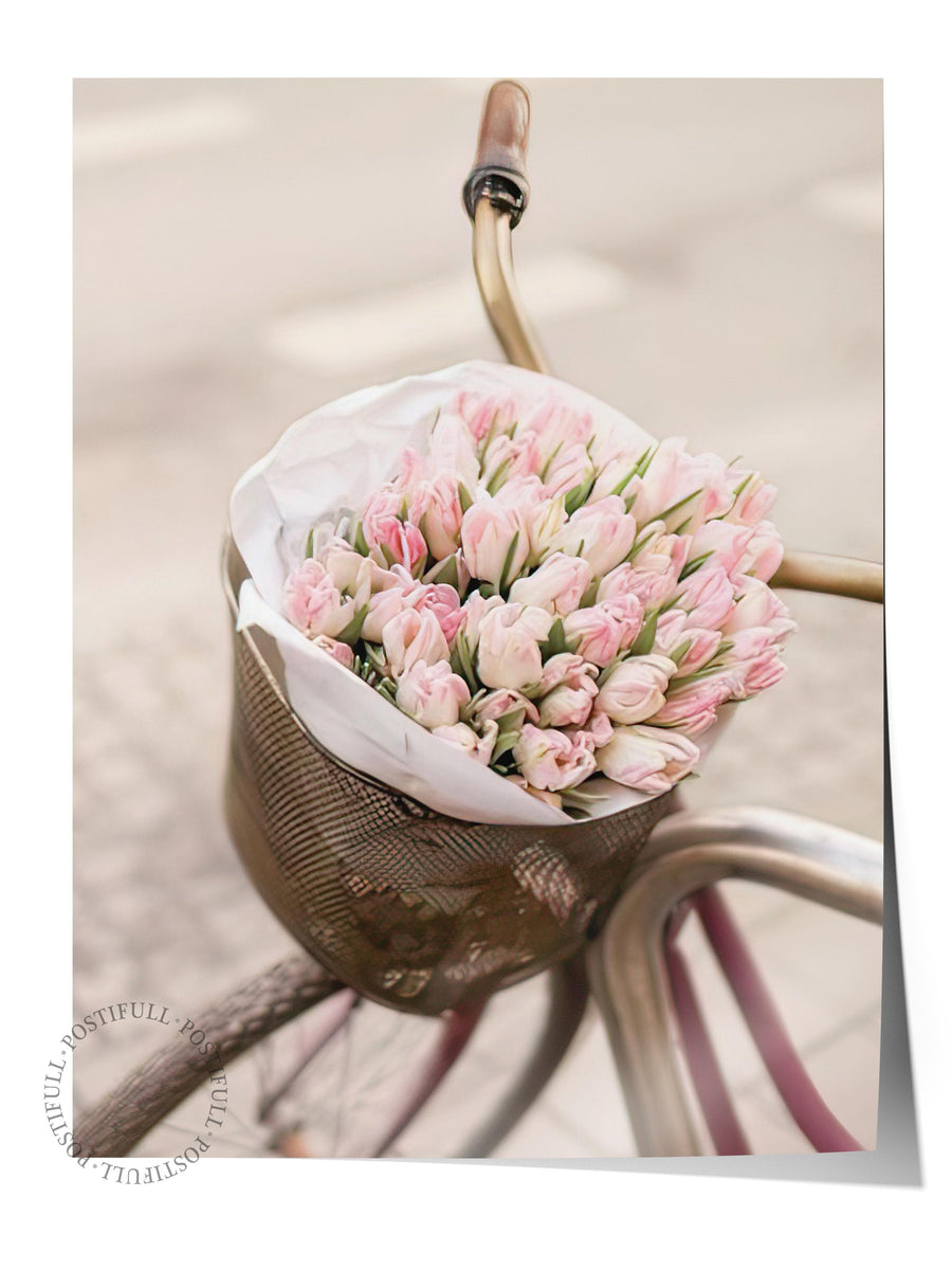 Pink Tulips on Bicycle Poster, Dikey Duvar Tablosu Comfort Serisi NO:108387