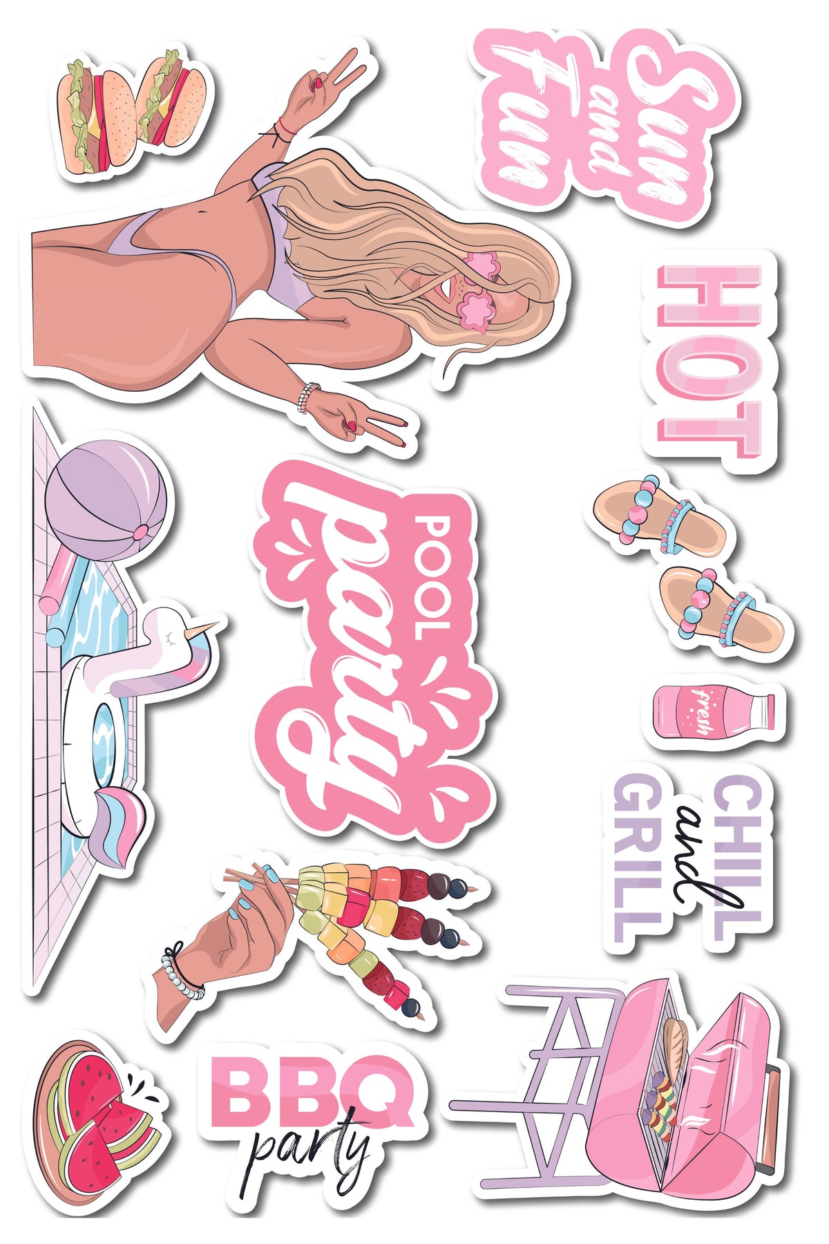 Havuz Partisi Temalı Sticker ve Etiket Seti - Orta Boy - Su Geçirmez,