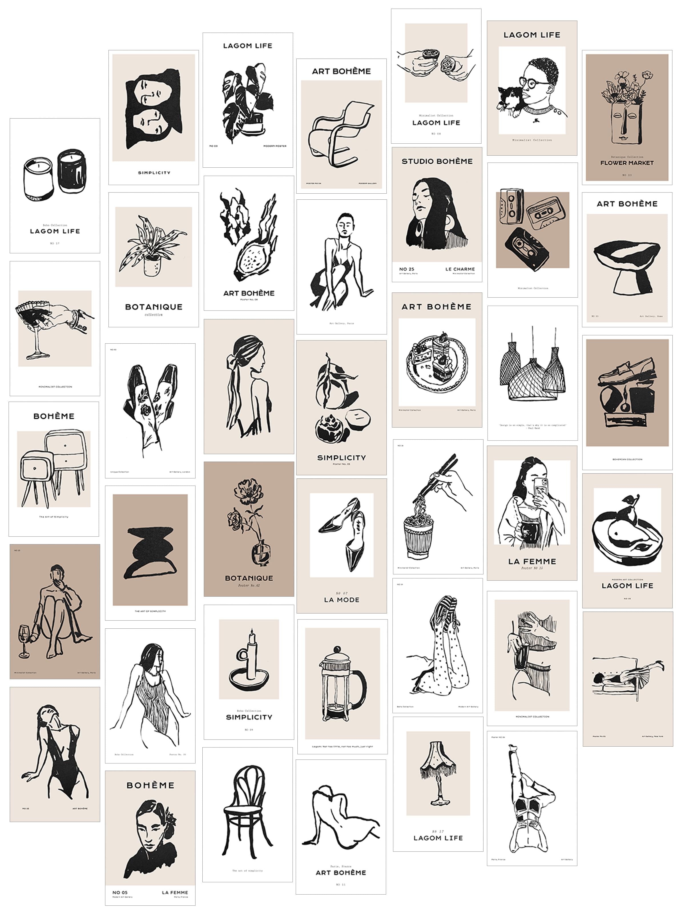 Poster Seti - Karışık Kolaj Poster Seti - 40 Adet Vintage Poster - Yapışkan Hediyeli - Kutulu