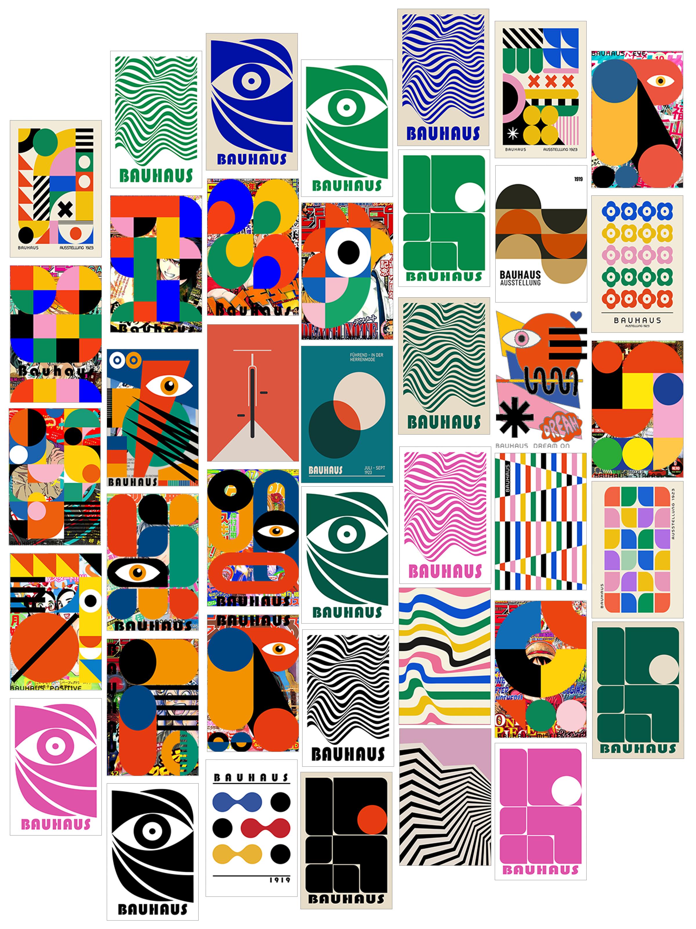 Poster Seti - Renkli Bauhaus Kolaj Poster Seti - 40 Adet Vintage Poster - Yapışkan Hediyeli - Kutulu