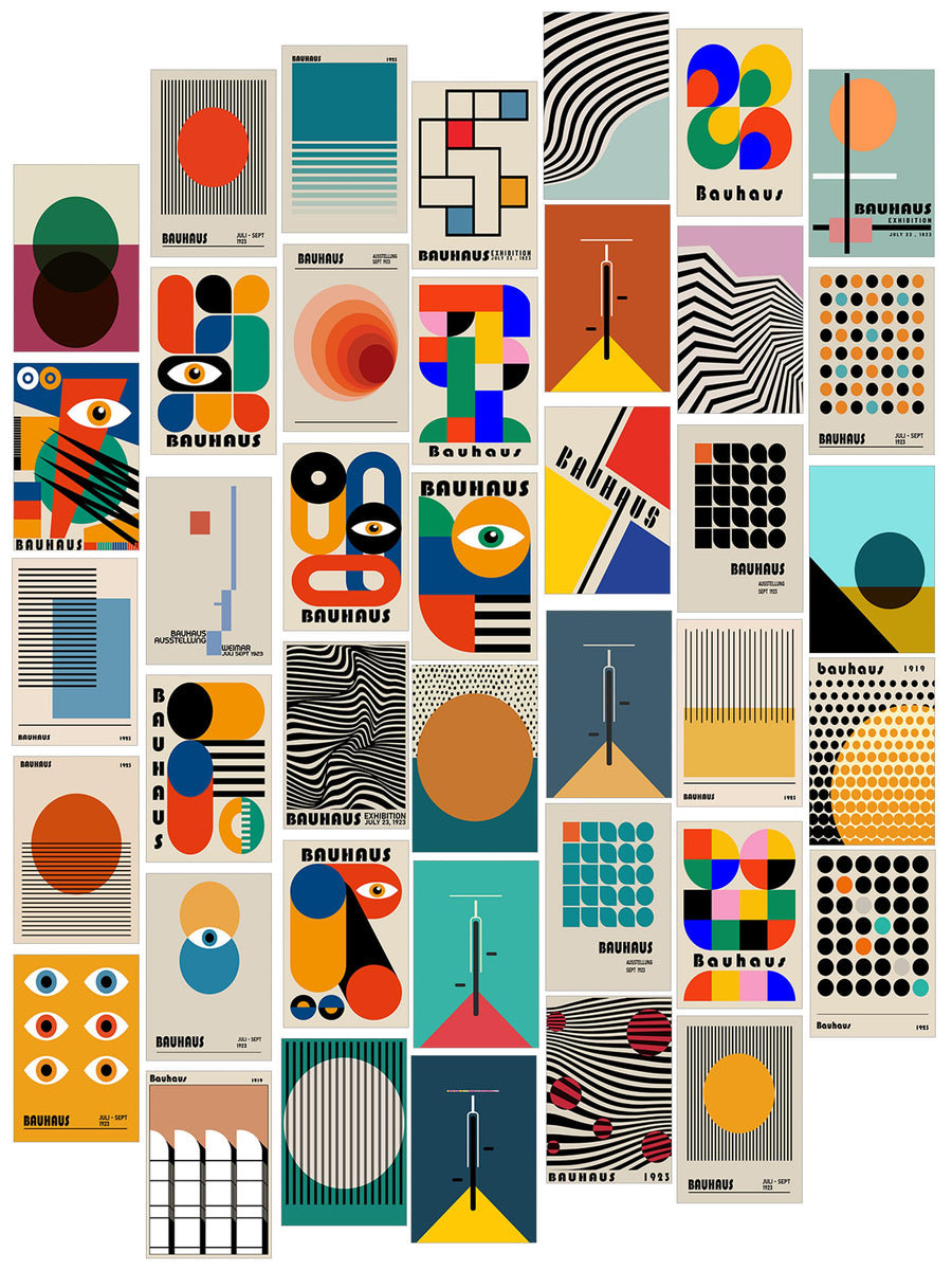 Poster Seti - Renkli Bauhaus Kolaj Poster Seti - 40 Adet Vintage Poster - Yapışkan Hediyeli - Kutulu