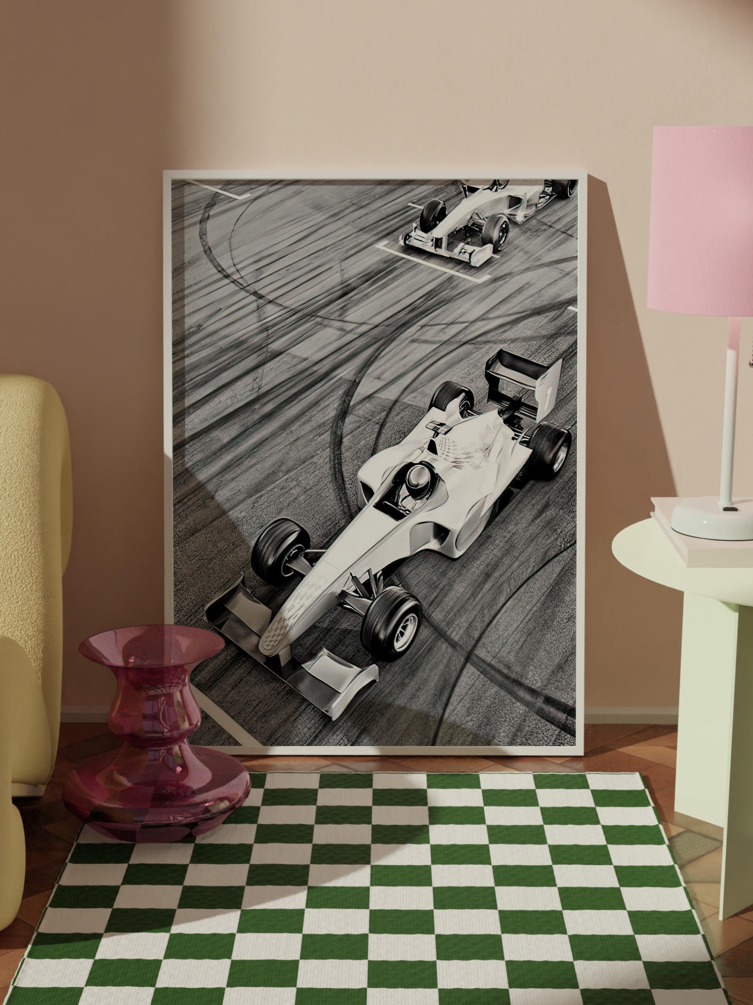 Race Car Çerçeveli Tablo, Beyaz Çerçeve ve Poster, Dikey Duvar Tablosu Comfort Serisi NO:108393