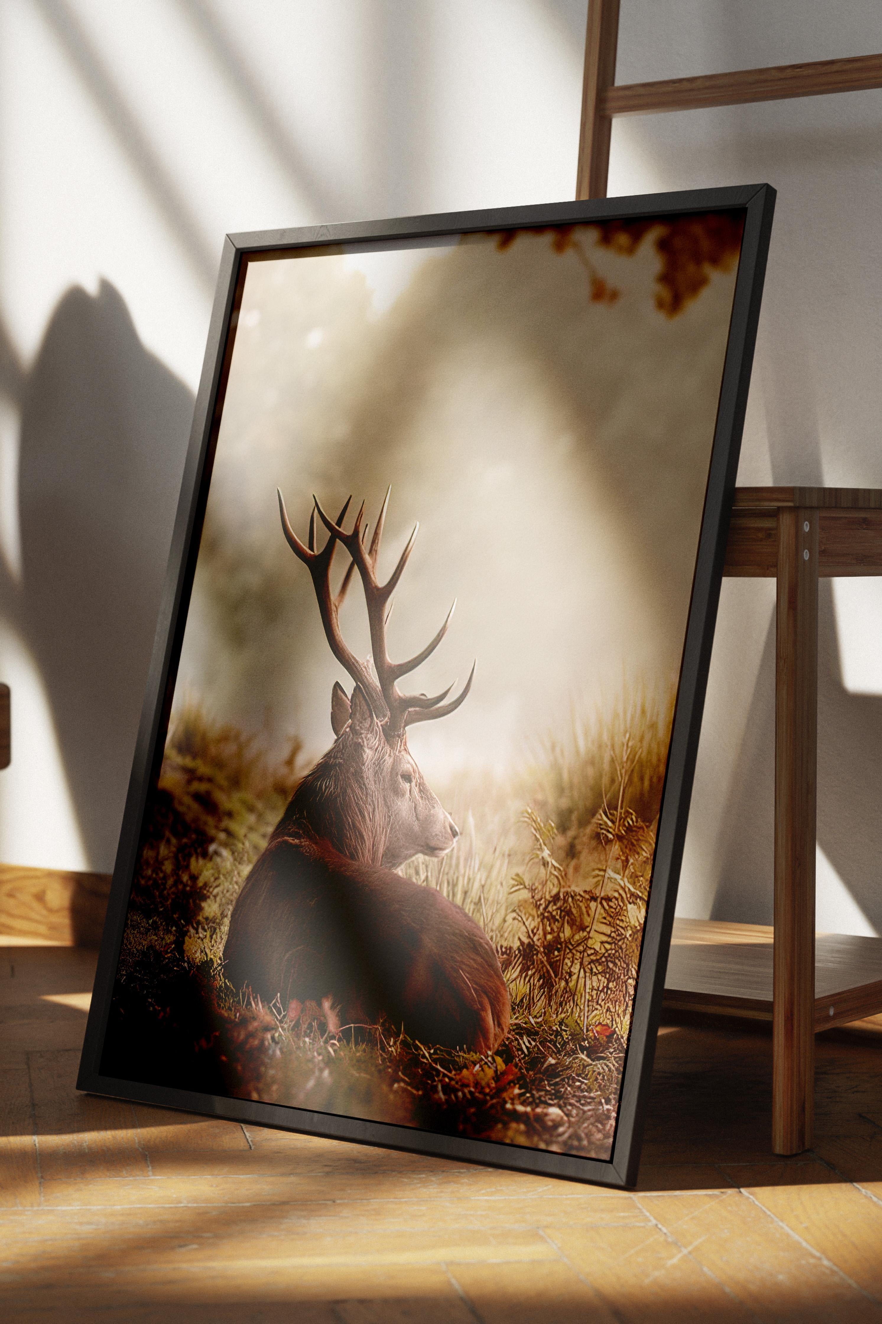 Red Deer Çerçeveli Tablo, Siyah Çerçeve ve Poster, Dikey Duvar Tablosu Comfort Serisi NO:108351