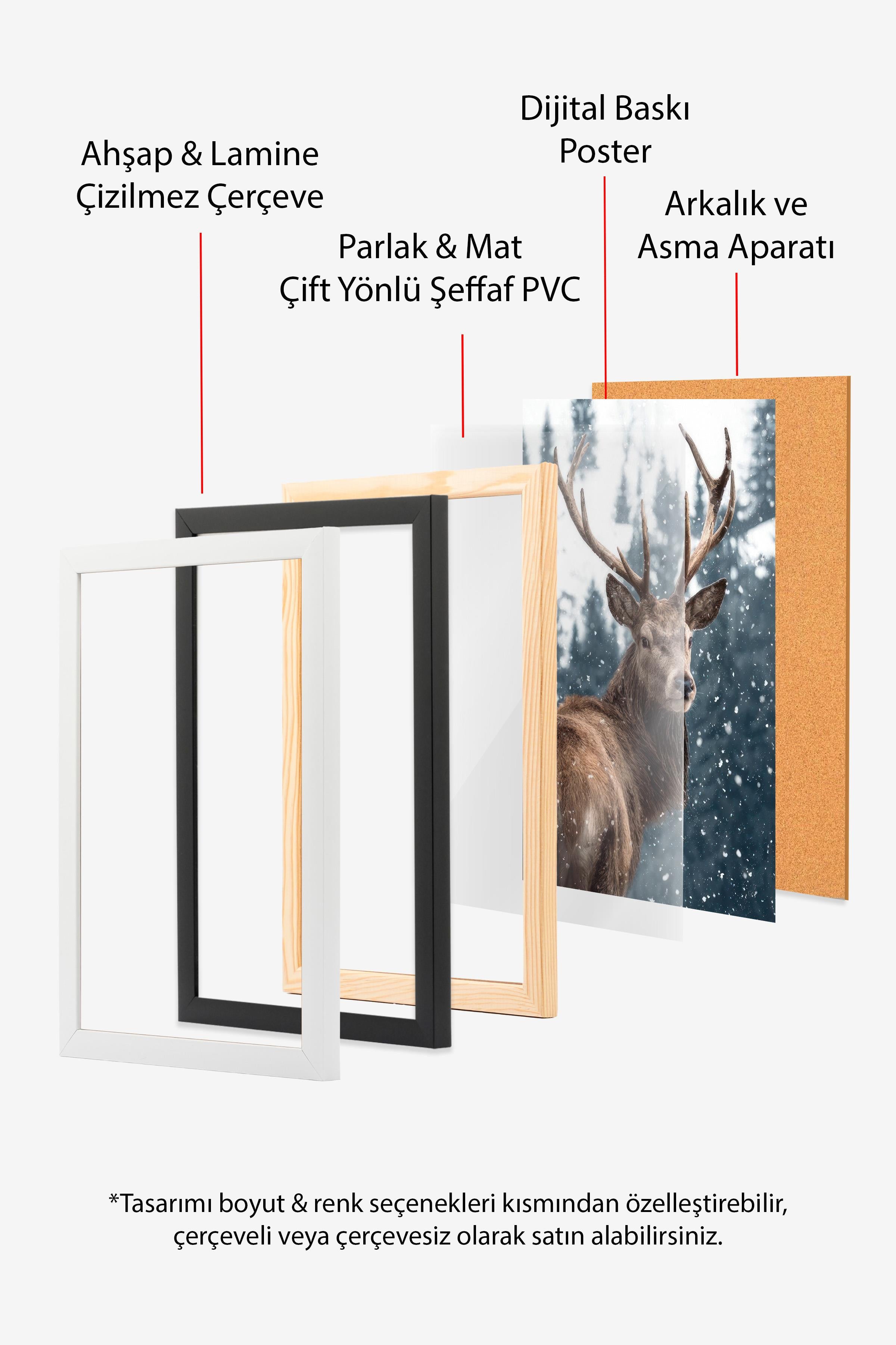 Red Deer in Snow  Çerçeveli Yılbaşı Tablosu, Siyah Çerçeve ve Poster Comfort Serisi NO:108508
