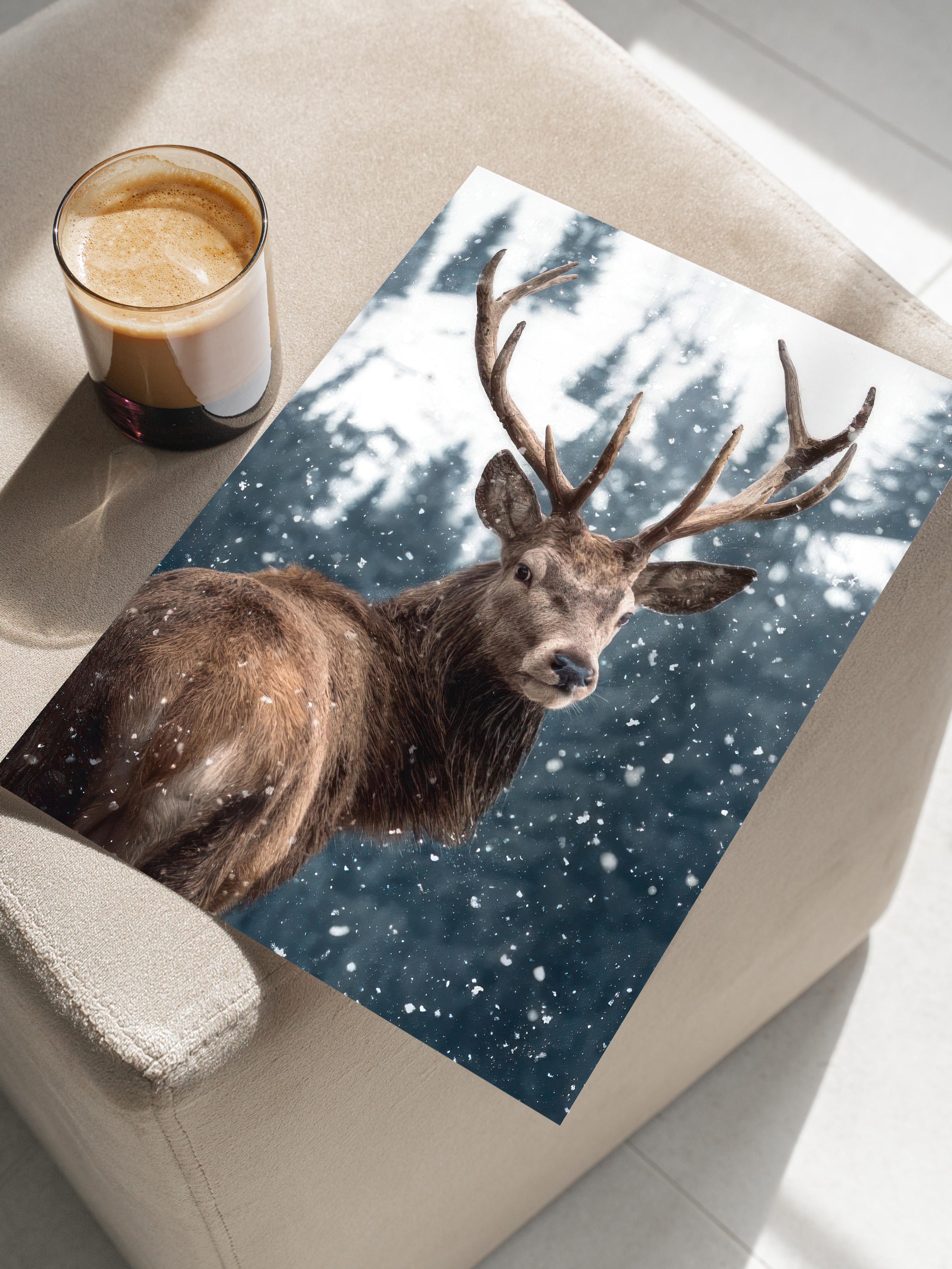 Red Deer in Snow  Poster, Çerçevesiz Duvar Posteri, Yılbaşı Duvar Tablosu Comfort Serisi NO:108508