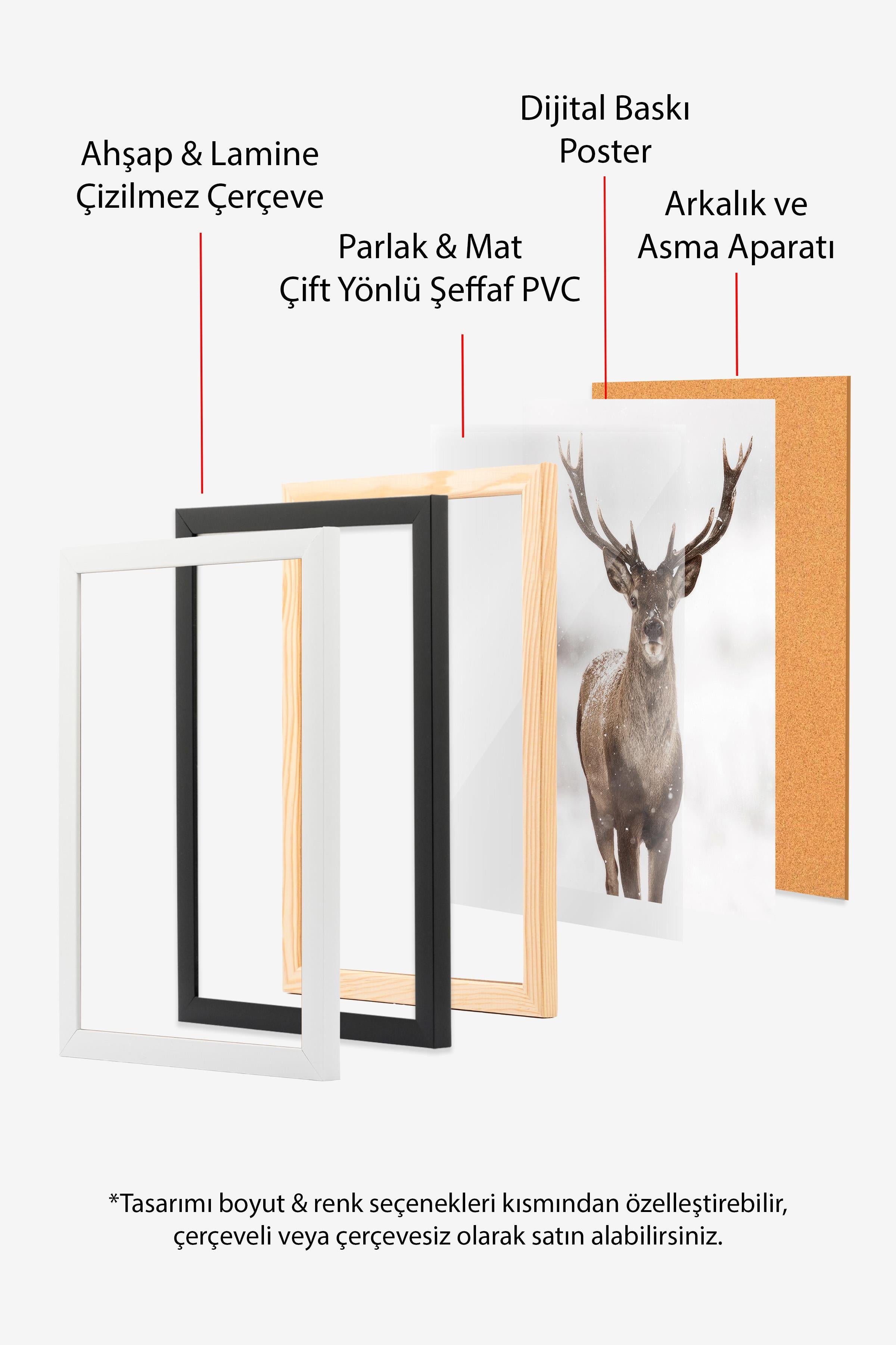 Red stag Yılbaşı Tablo, Beyaz Çerçeve ve Poster, Dikey Duvar Tablosu Comfort Serisi NO:108472