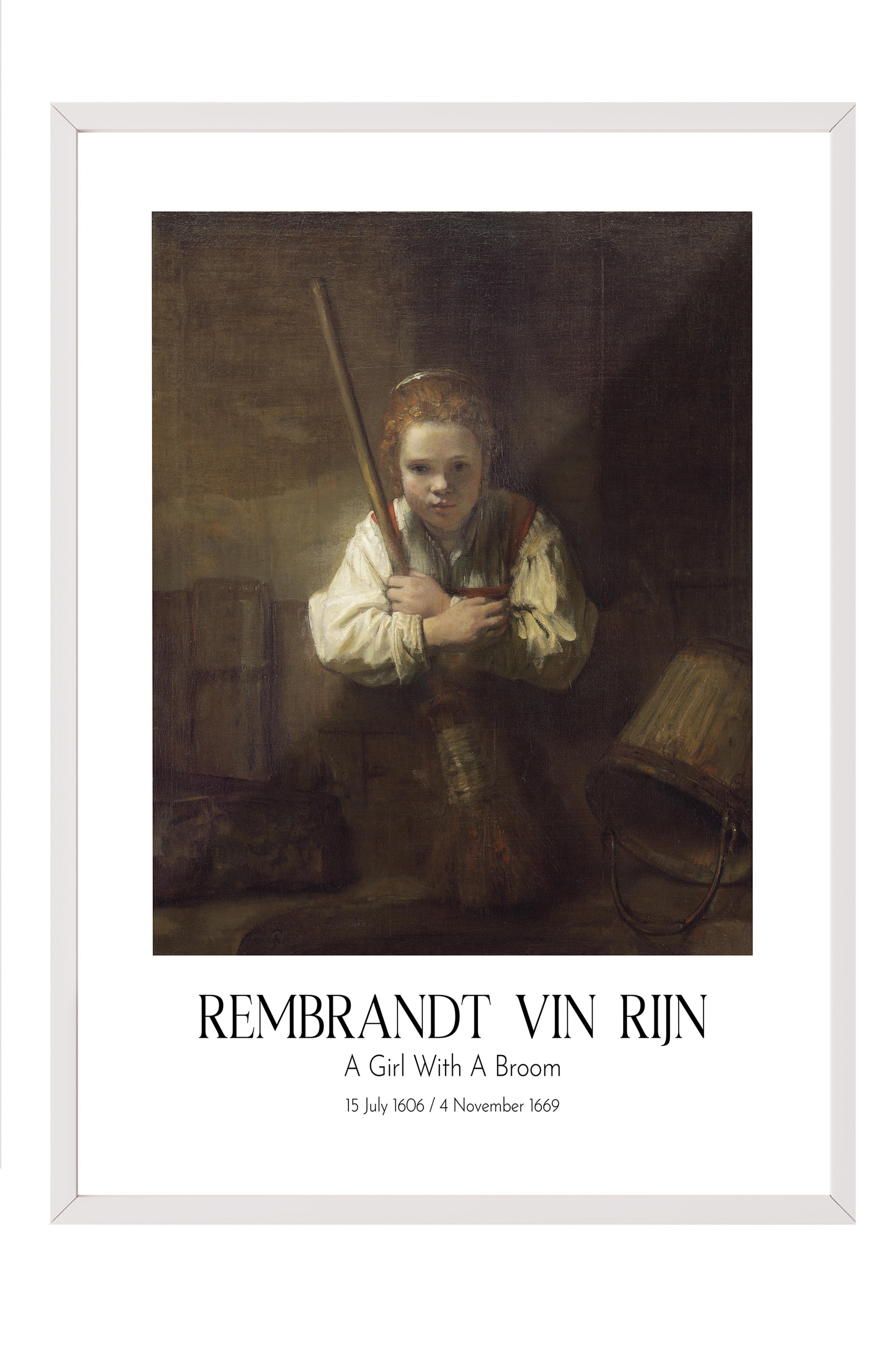 Rembrandt Vin Rijn - A Girl With A Broom, Beyaz Çerçeveli Tablo, Sanat Serisi NO:112382