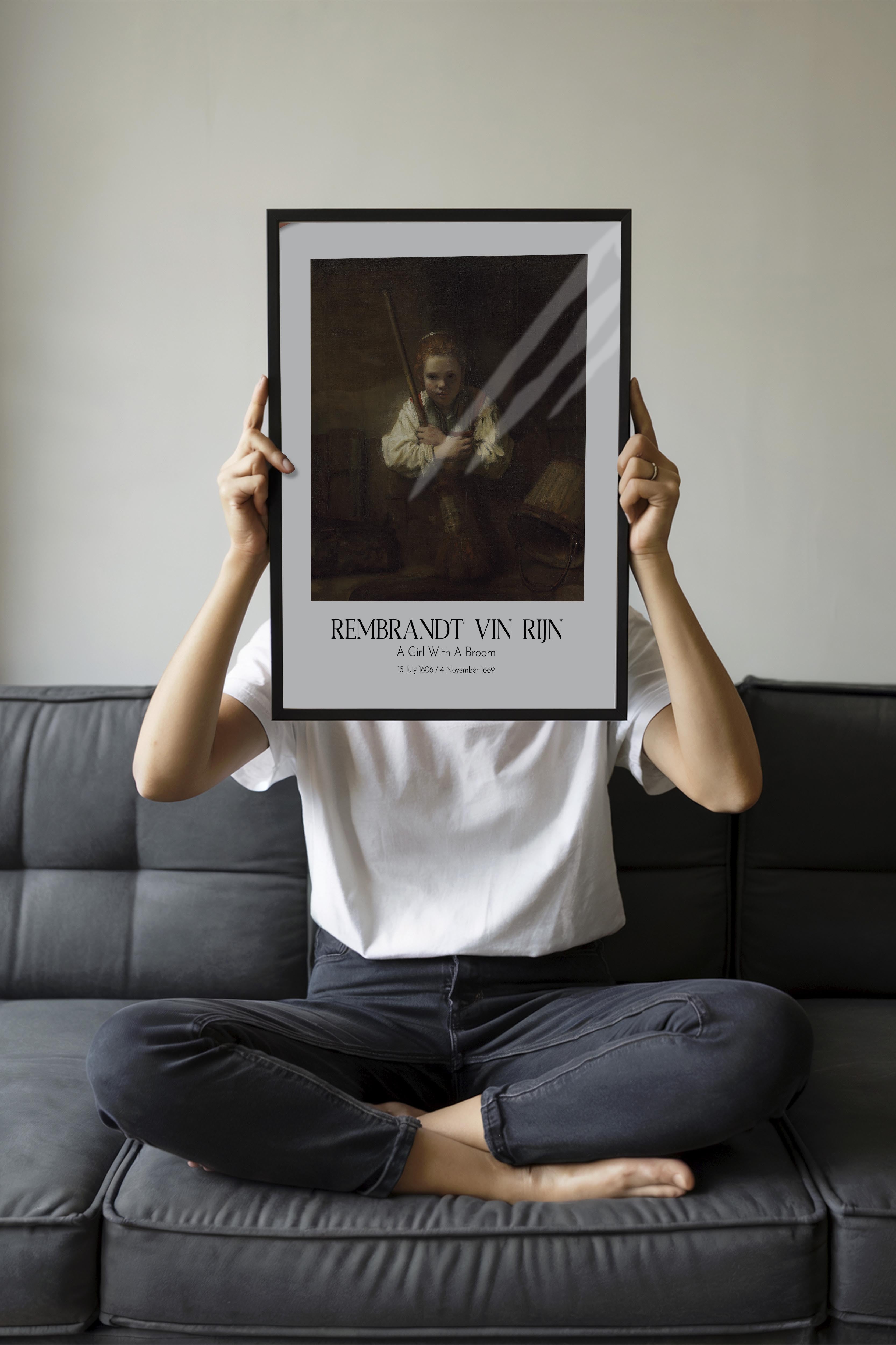 Rembrandt Vin Rijn - A Girl With A Broom, Siyah Çerçeveli Tablo, Sanat Serisi NO:112382