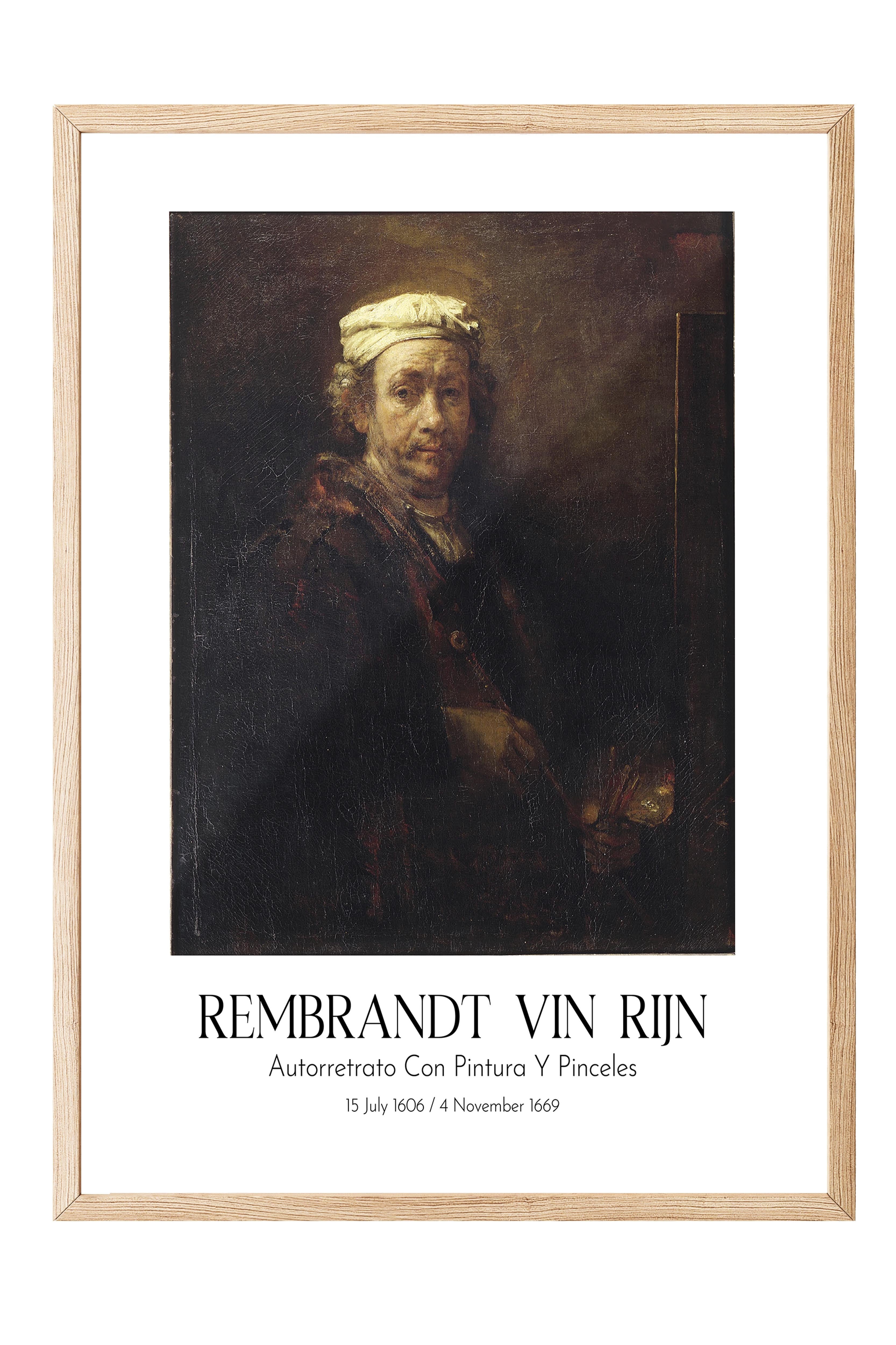Rembrandt Vin Rijn - Autorretrato Con Pintura Y Pinceles, Ahşap Çerçeveli Tablo, Sanat Serisi NO:112385