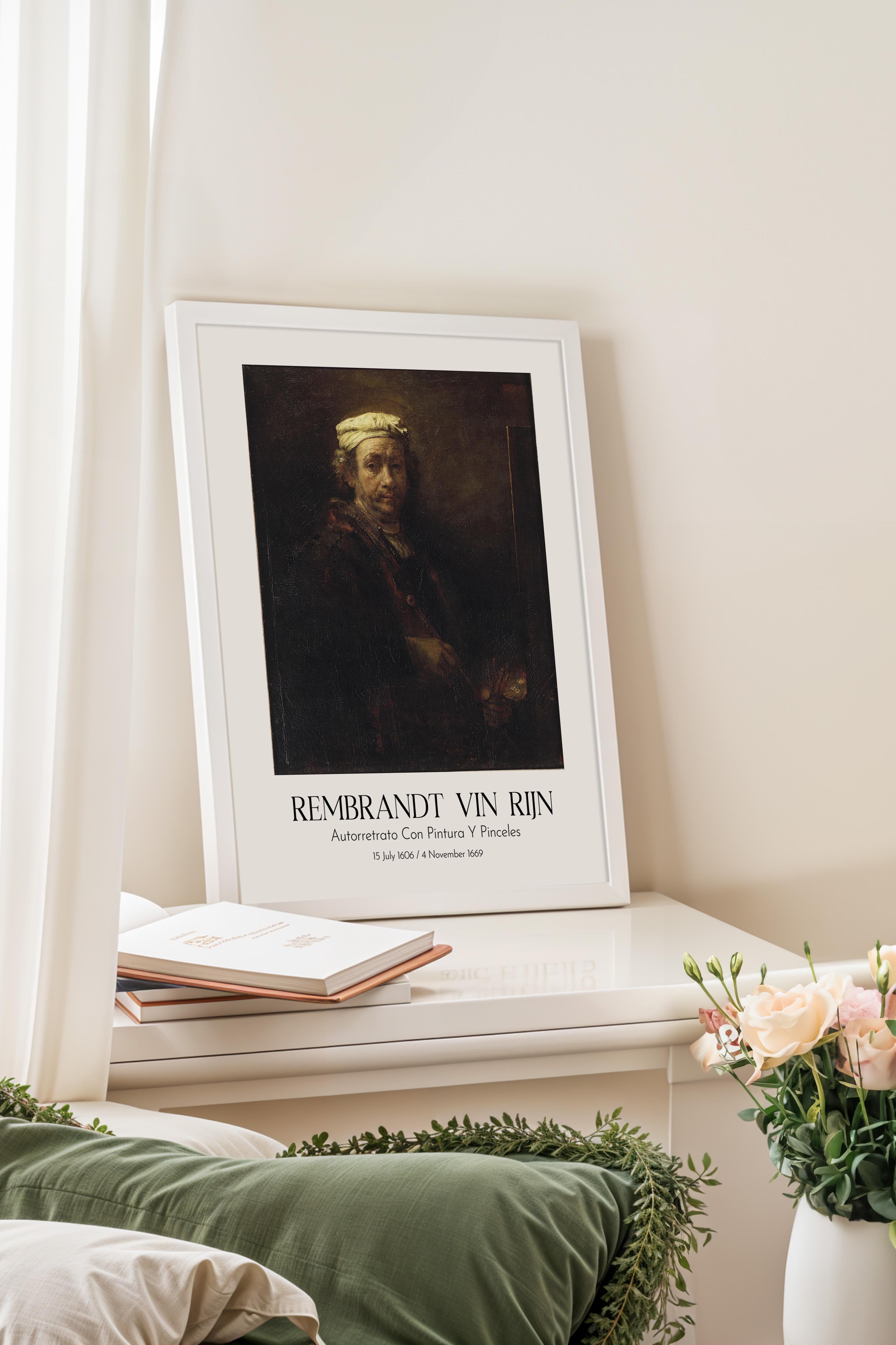 Rembrandt Vin Rijn - Autorretrato Con Pintura Y Pinceles, Beyaz Çerçeveli Tablo, Sanat Serisi NO:112385