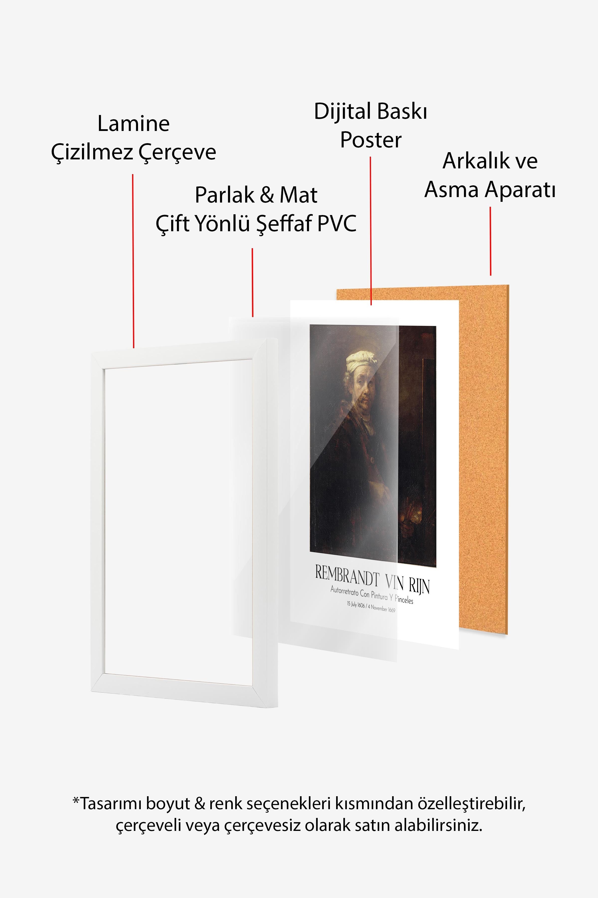 Rembrandt Vin Rijn - Autorretrato Con Pintura Y Pinceles, Beyaz Çerçeveli Tablo, Sanat Serisi NO:112385