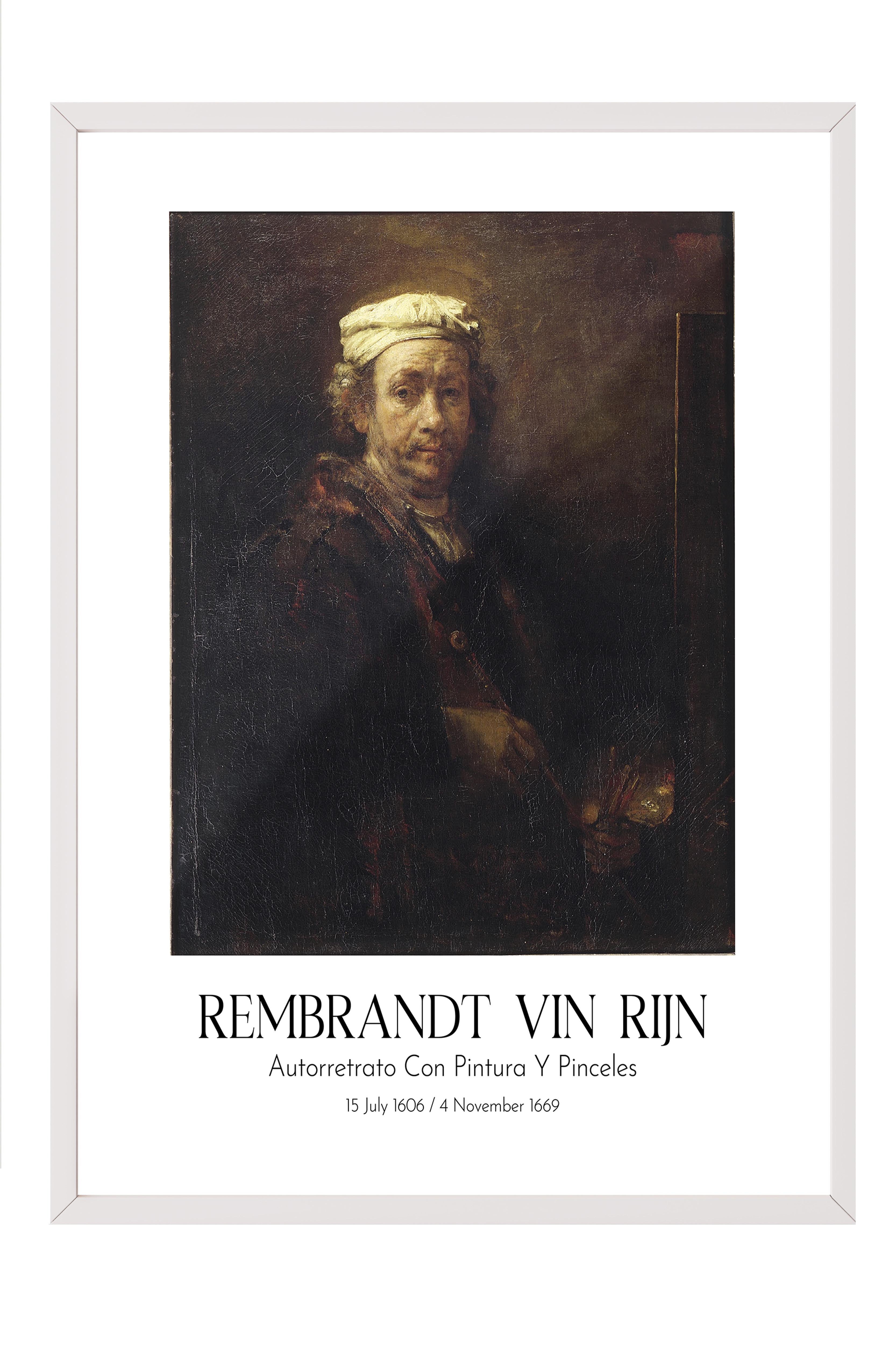 Rembrandt Vin Rijn - Autorretrato Con Pintura Y Pinceles, Beyaz Çerçeveli Tablo, Sanat Serisi NO:112385