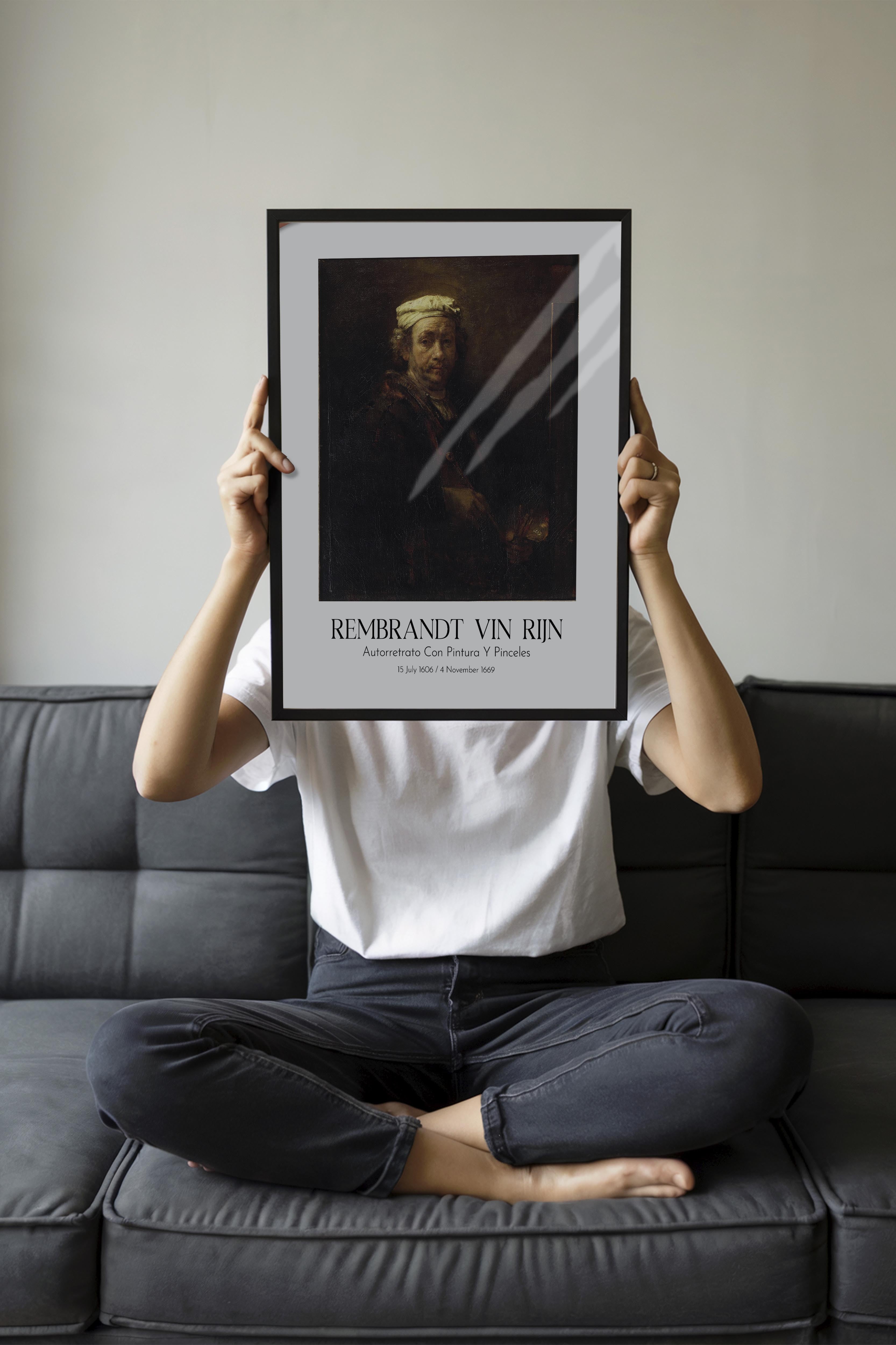 Rembrandt Vin Rijn - Autorretrato Con Pintura Y Pinceles, Siyah Çerçeveli Tablo, Sanat Serisi NO:112385
