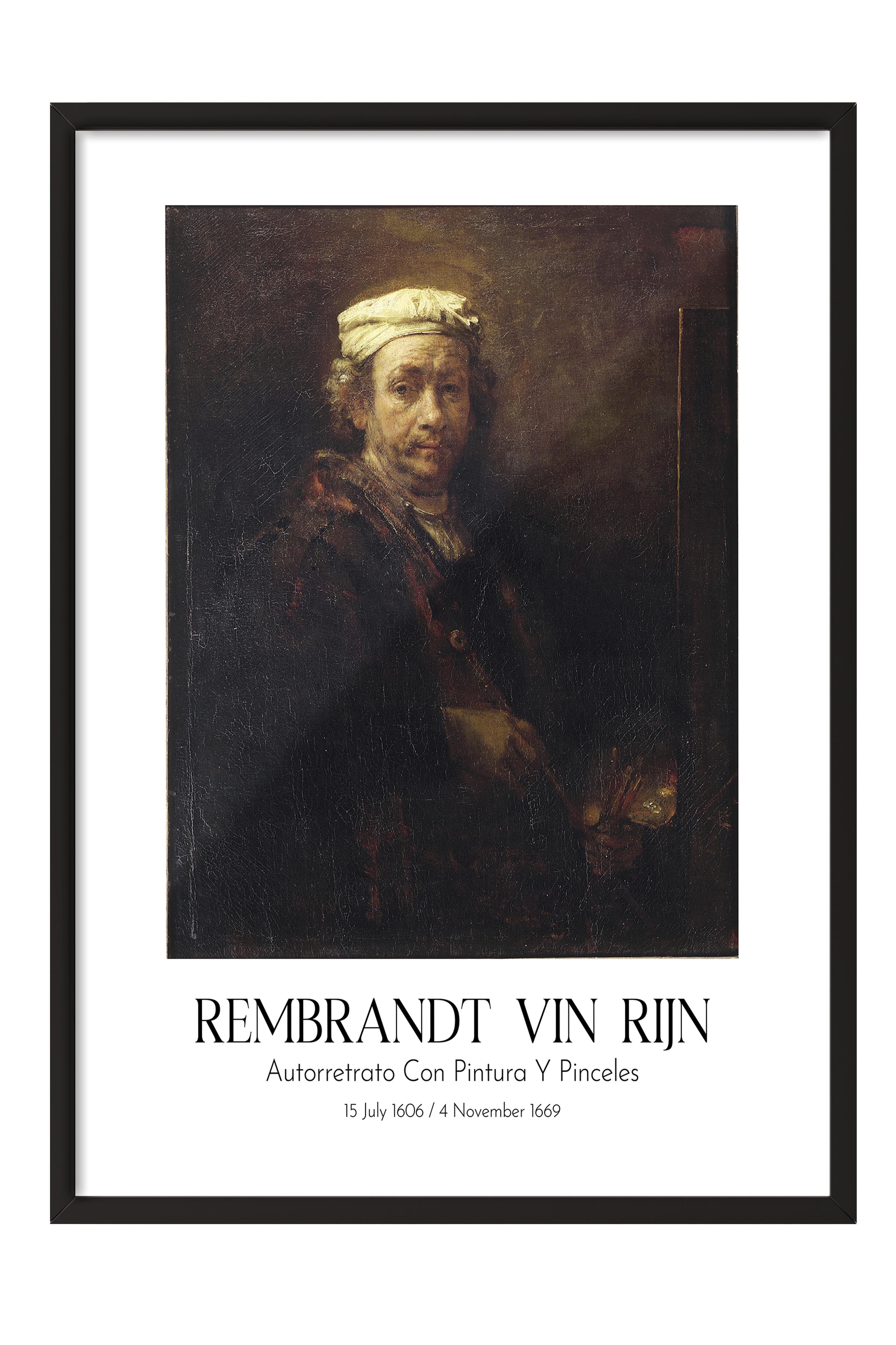 Rembrandt Vin Rijn - Autorretrato Con Pintura Y Pinceles, Siyah Çerçeveli Tablo, Sanat Serisi NO:112385