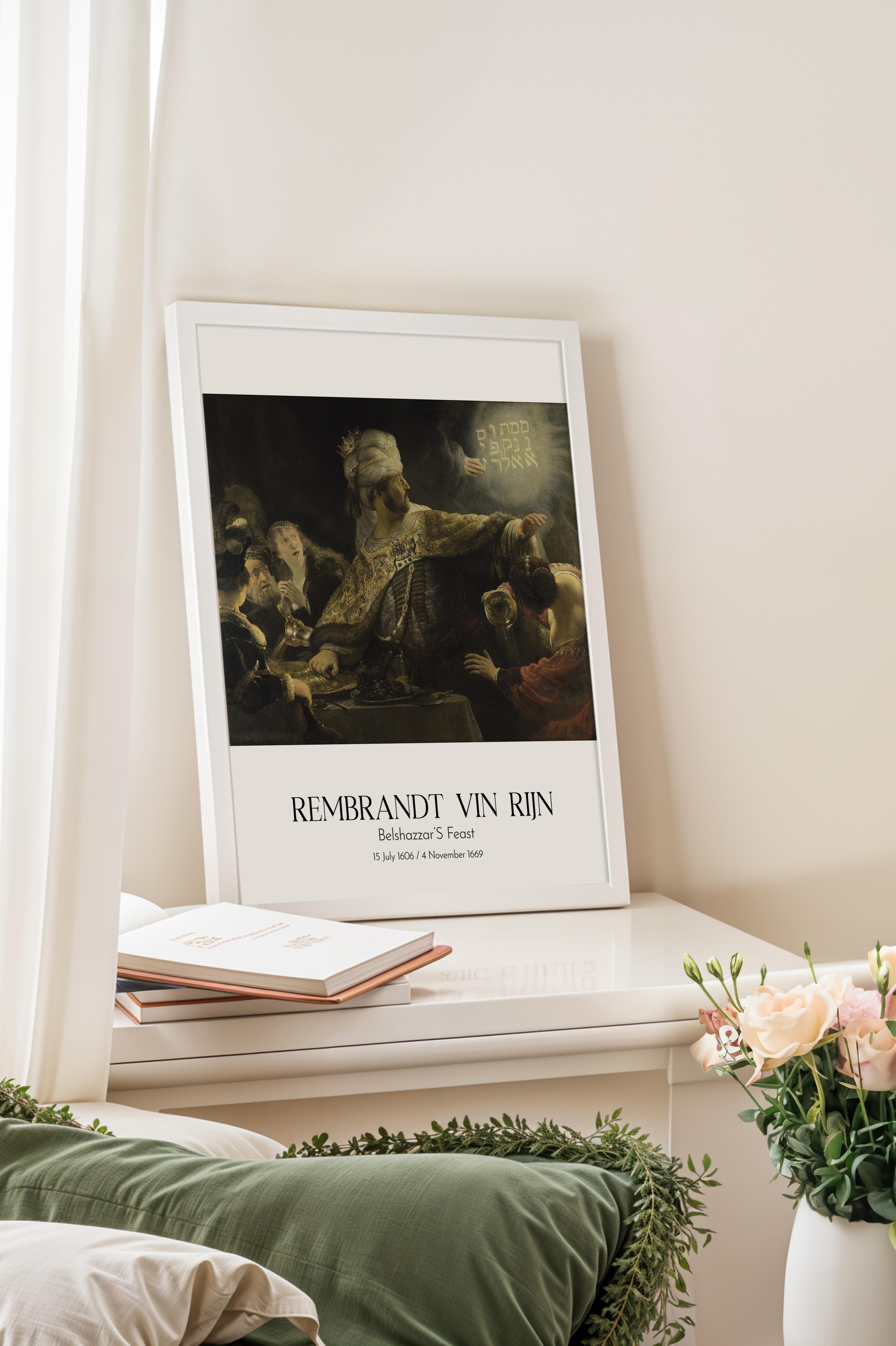 Rembrandt Vin Rijn - Belshazzar'S Feast, Beyaz Çerçeveli Tablo, Sanat Serisi NO:112386
