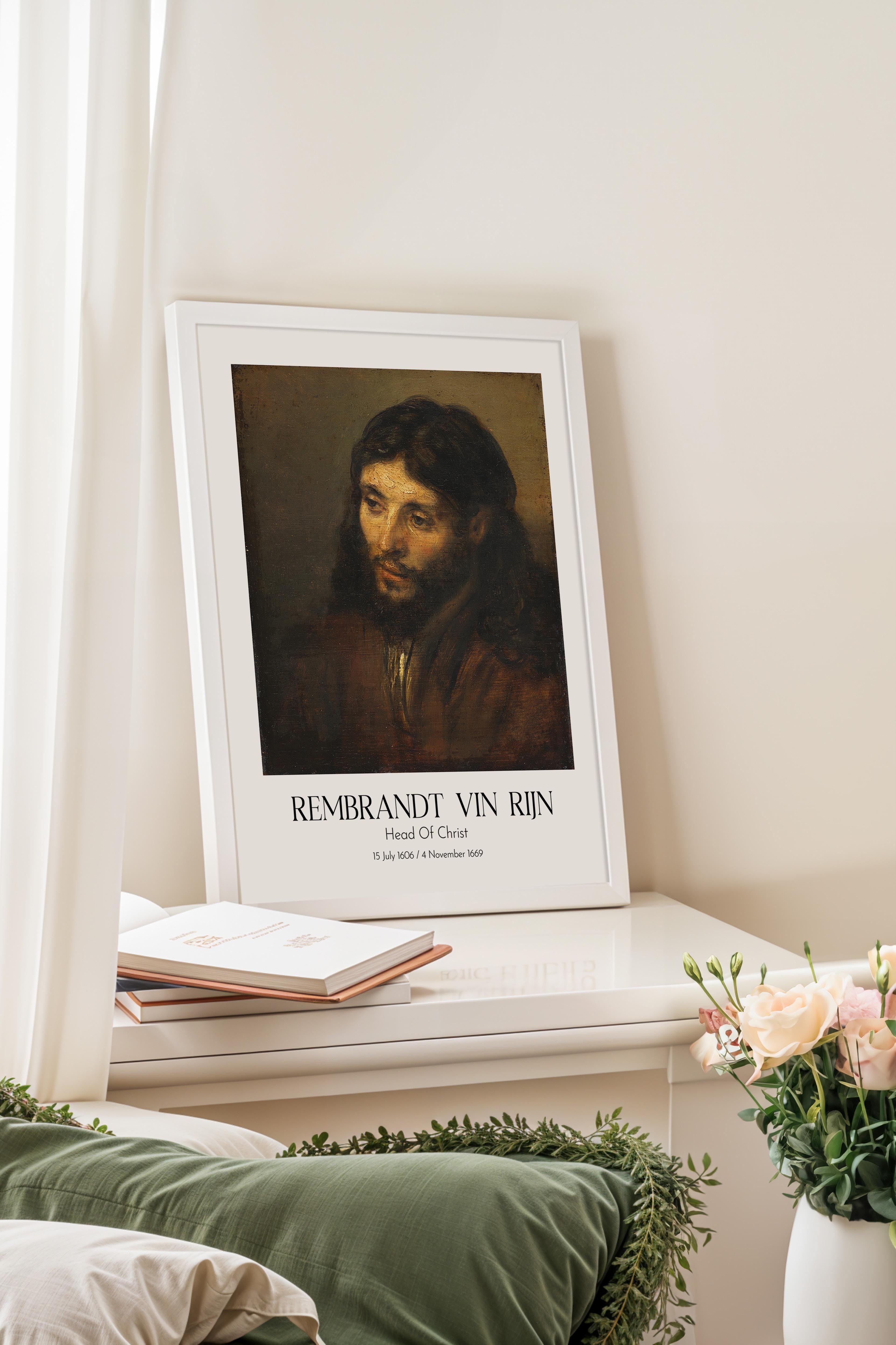Rembrandt Vin Rijn - Head Of Christ, Beyaz Çerçeveli Tablo, Sanat Serisi NO:112393