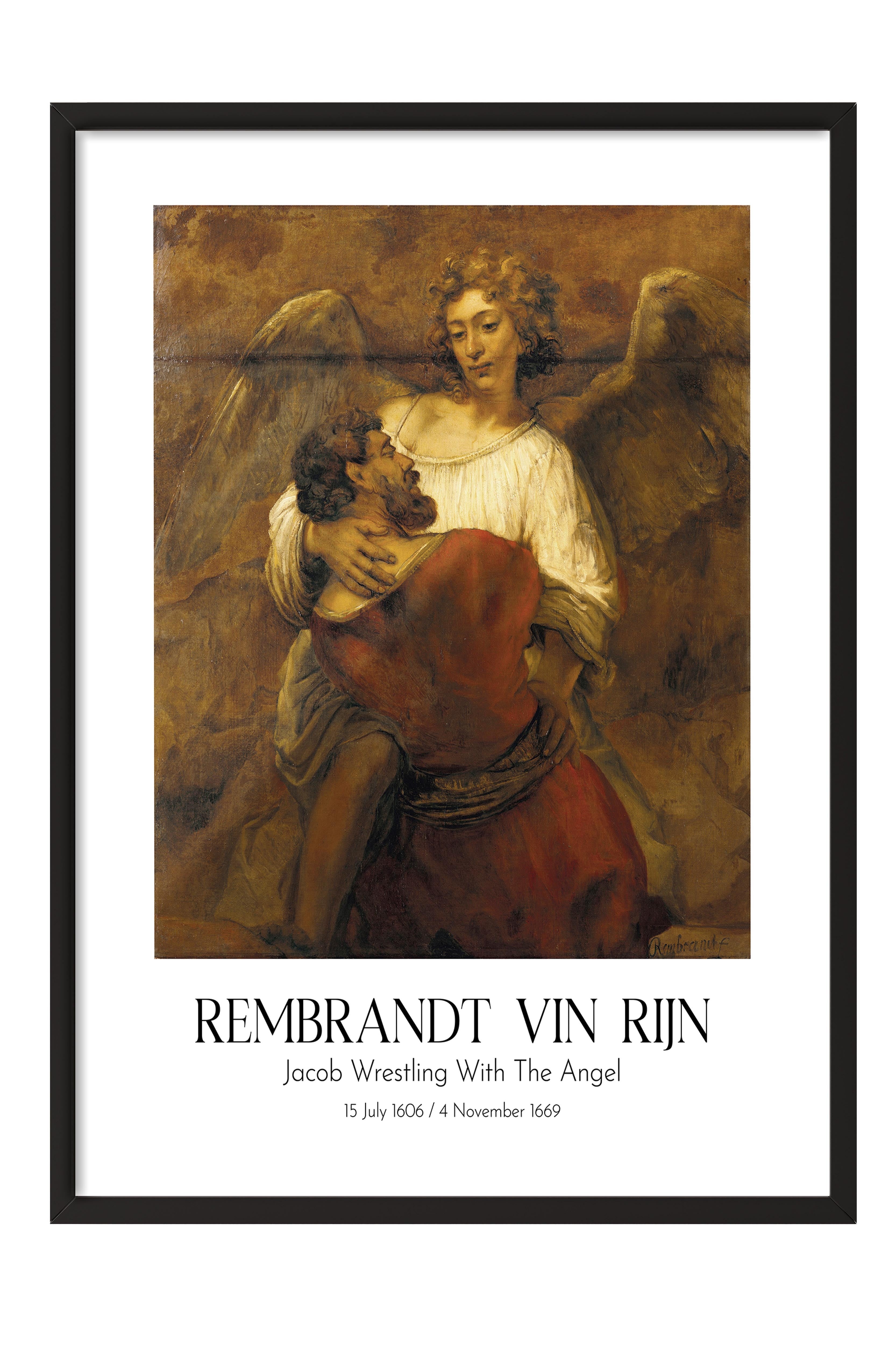 Rembrandt Vin Rijn - Jacob Wrestling With The Angel, Siyah Çerçeveli Tablo, Sanat Serisi NO:112395