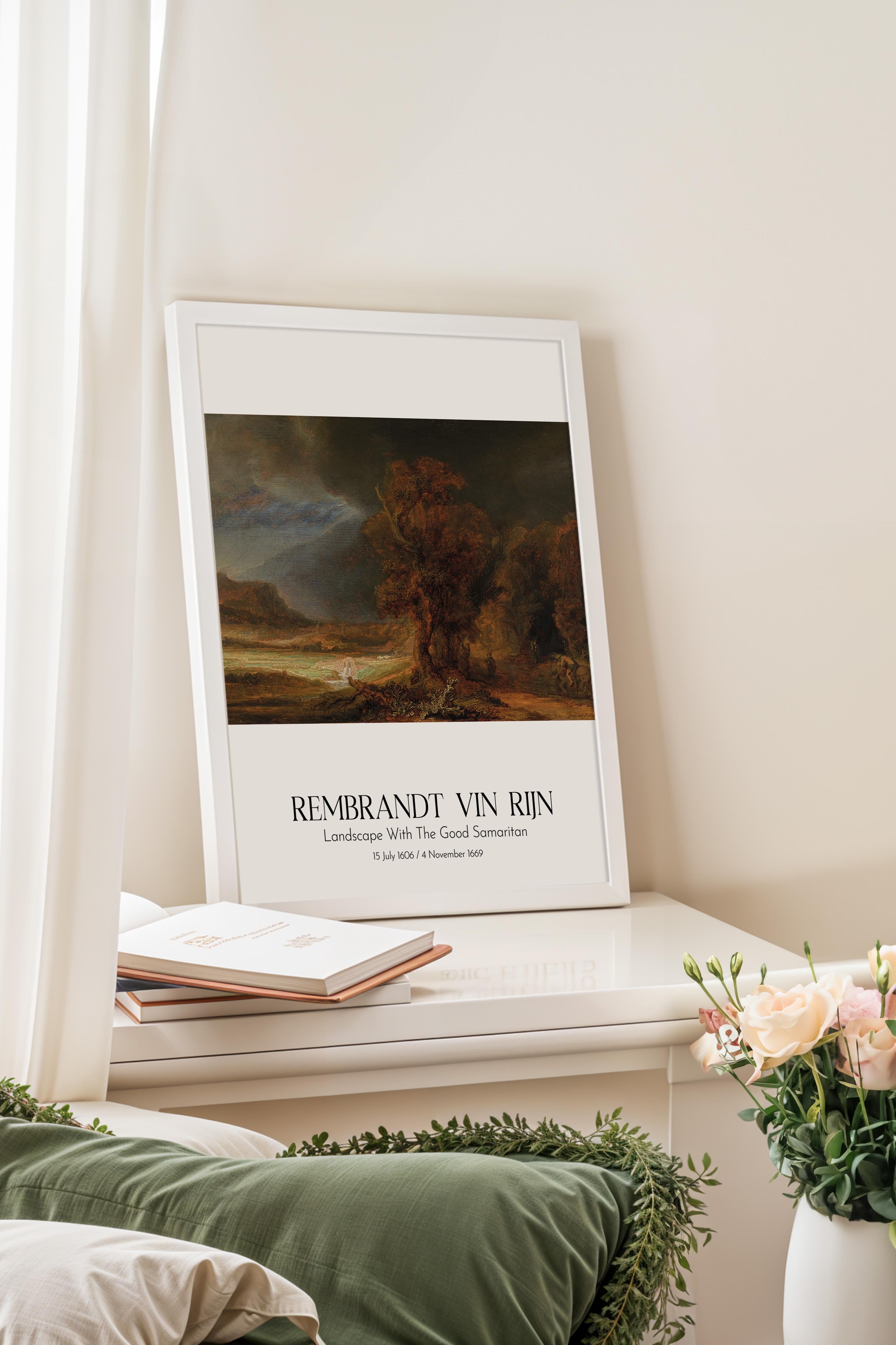 Rembrandt Vin Rijn - Landscape With The Good Samaritan, Beyaz Çerçeveli Tablo, Sanat Serisi NO:112396