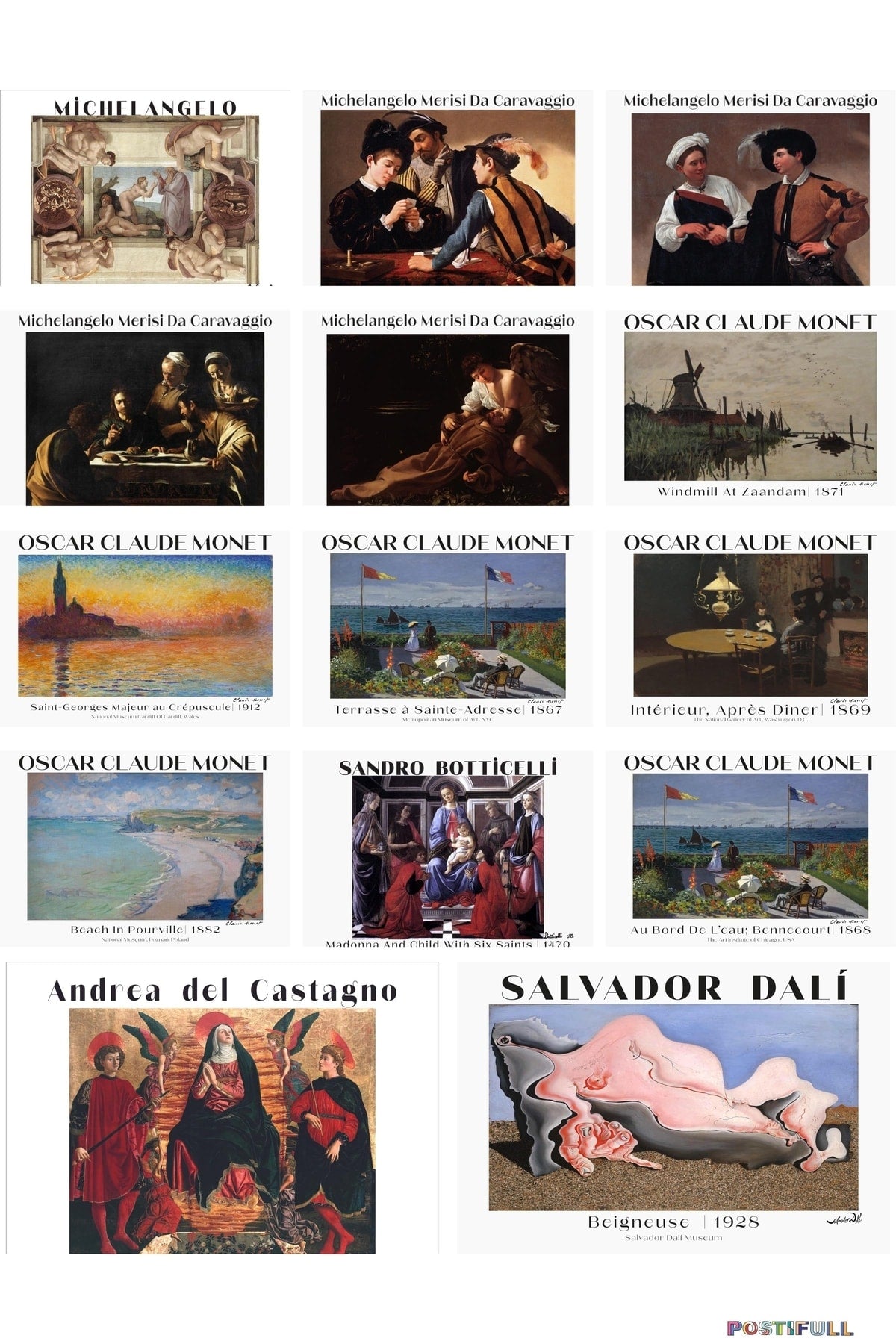 Ressamlar Kolaj Seti, Sanatsal Poster Kartları, Bant Hediyeli - 50 Adet 10*15cm Duvar Posterleri