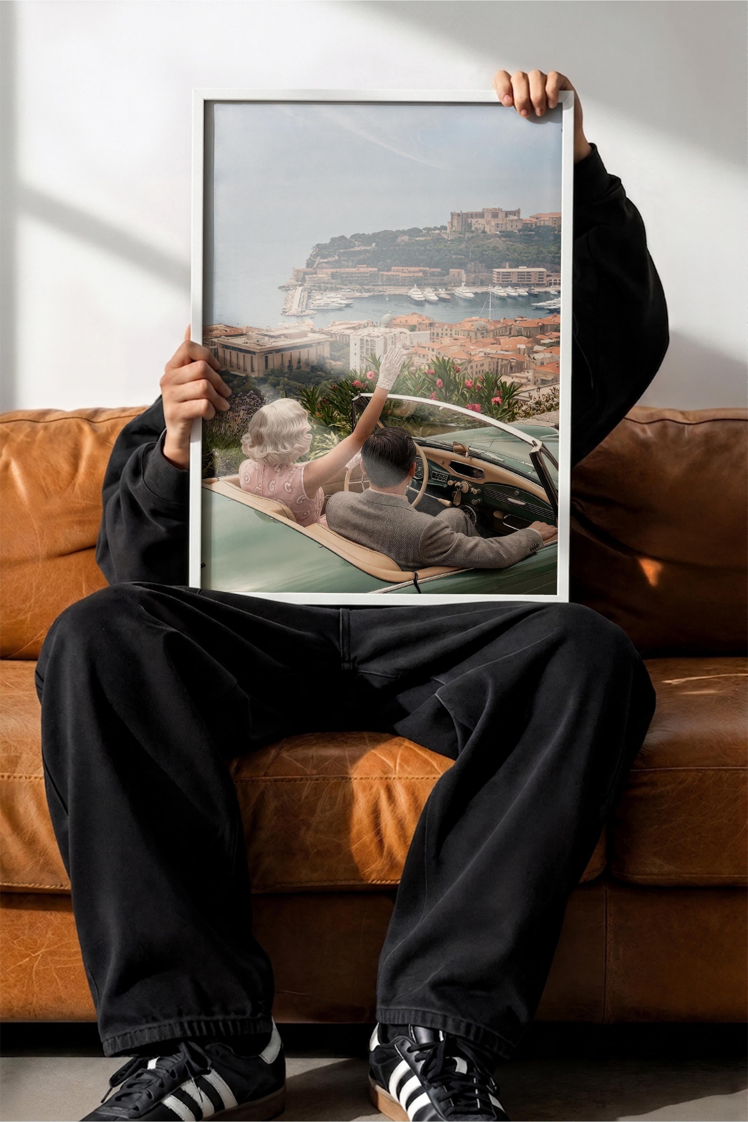 Retro Araba ve Şehir Manzarası Posteri, Beyaz Çerçeveli Poster, Old Money Serisi, NO:113177