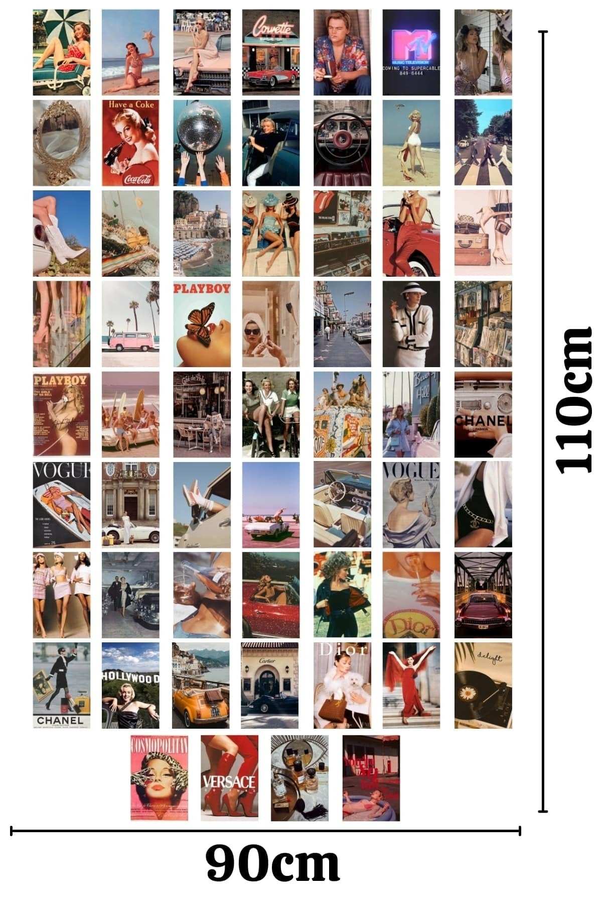 Retro Duvar Poster Seti - 60 Adet - Arkası Yapışkanlı Kolaj Seti - 10cm*15cm - Kutulu Set