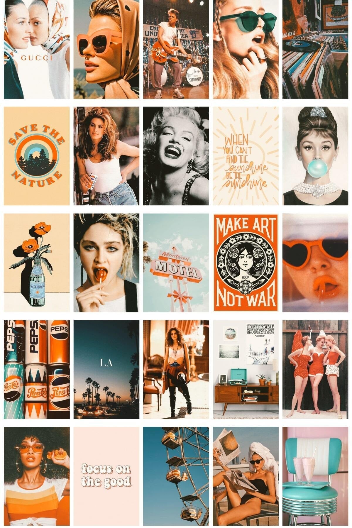 Retro Duvar Poster Seti, Arkası Yapışkanlı Poster Kolaj Seti, 110 Adet, Vintage Poster Seti