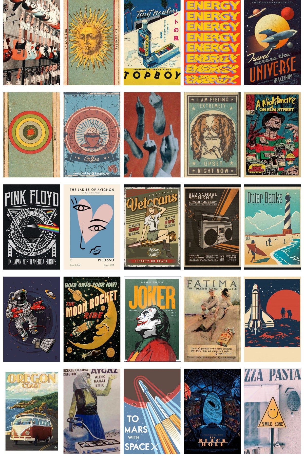 Retro Poster Seti - Kolaj Seti - 110 Adet - Poster Seti - 10cm*14cm - Kutulu Set