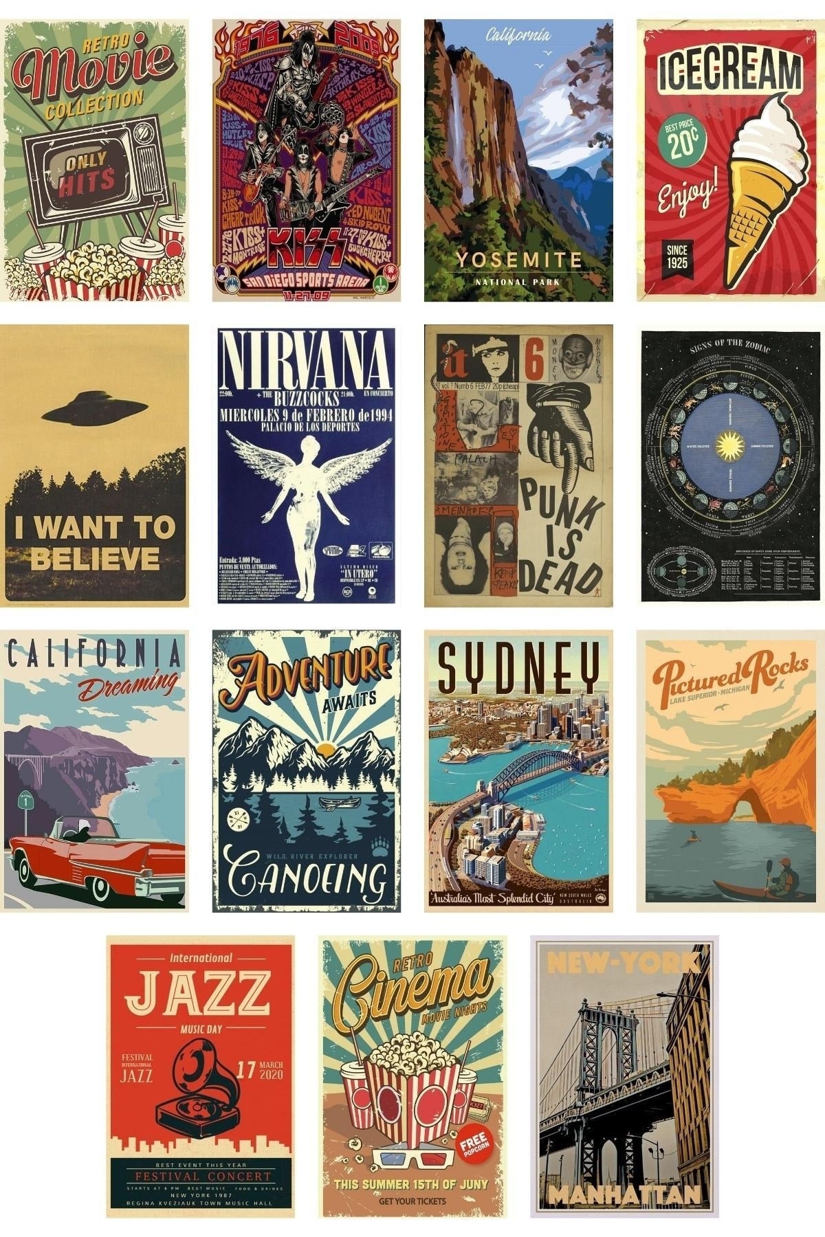 Retro Poster Seti - Kolaj Seti - Oda Dekoru - Duvar Posteri - Yapışkanlı - Duvar Dekoru - 60 Adet