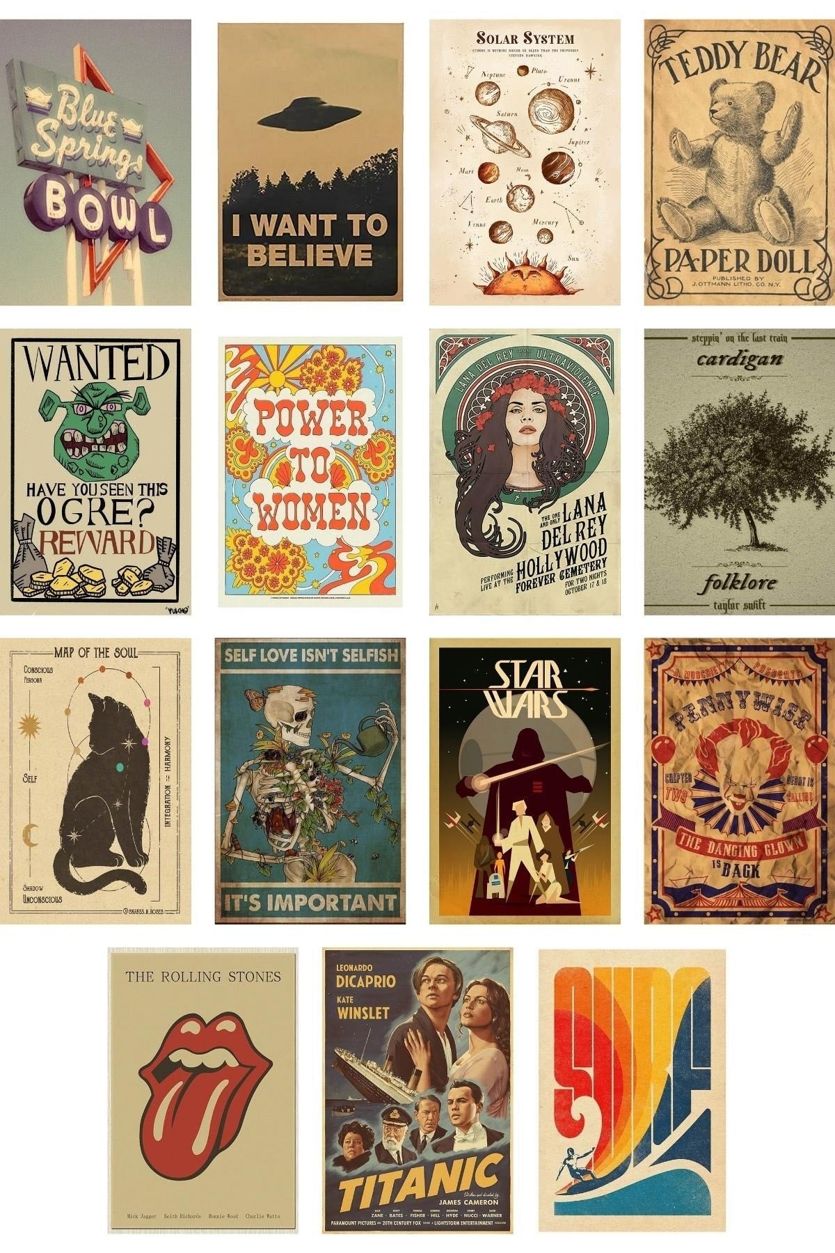 Retro Poster Seti - Kolaj Seti - Oda Dekoru - Duvar Posteri - Yapışkanlı - Duvar Dekoru - 60 Adet