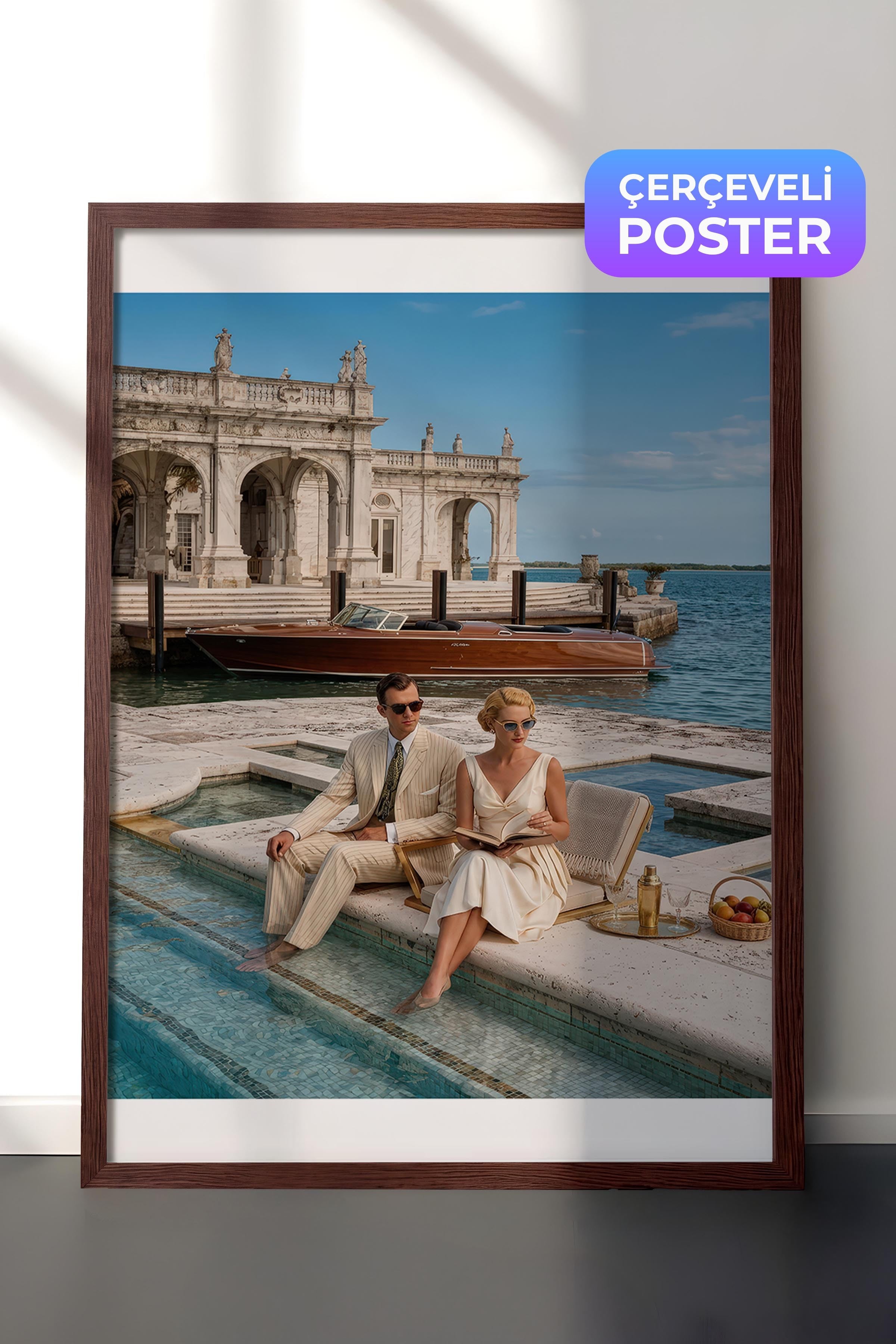 Retro Tatil Posteri, Kahverengi Çerçeveli Poster, Old Money Serisi, NO:113196