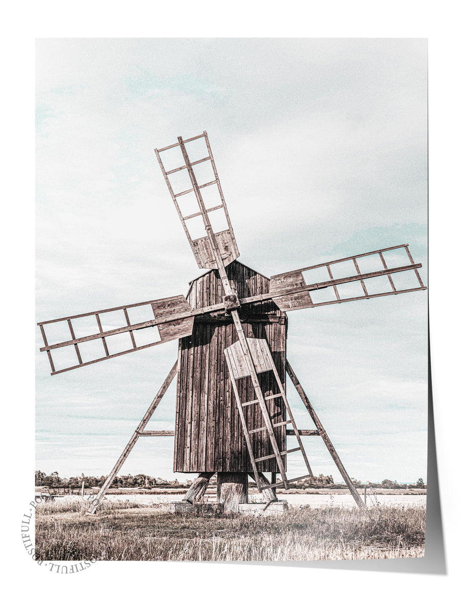Rüzgar Değirmeni İllüstrasyonu Rustic Çerçevesiz Poster